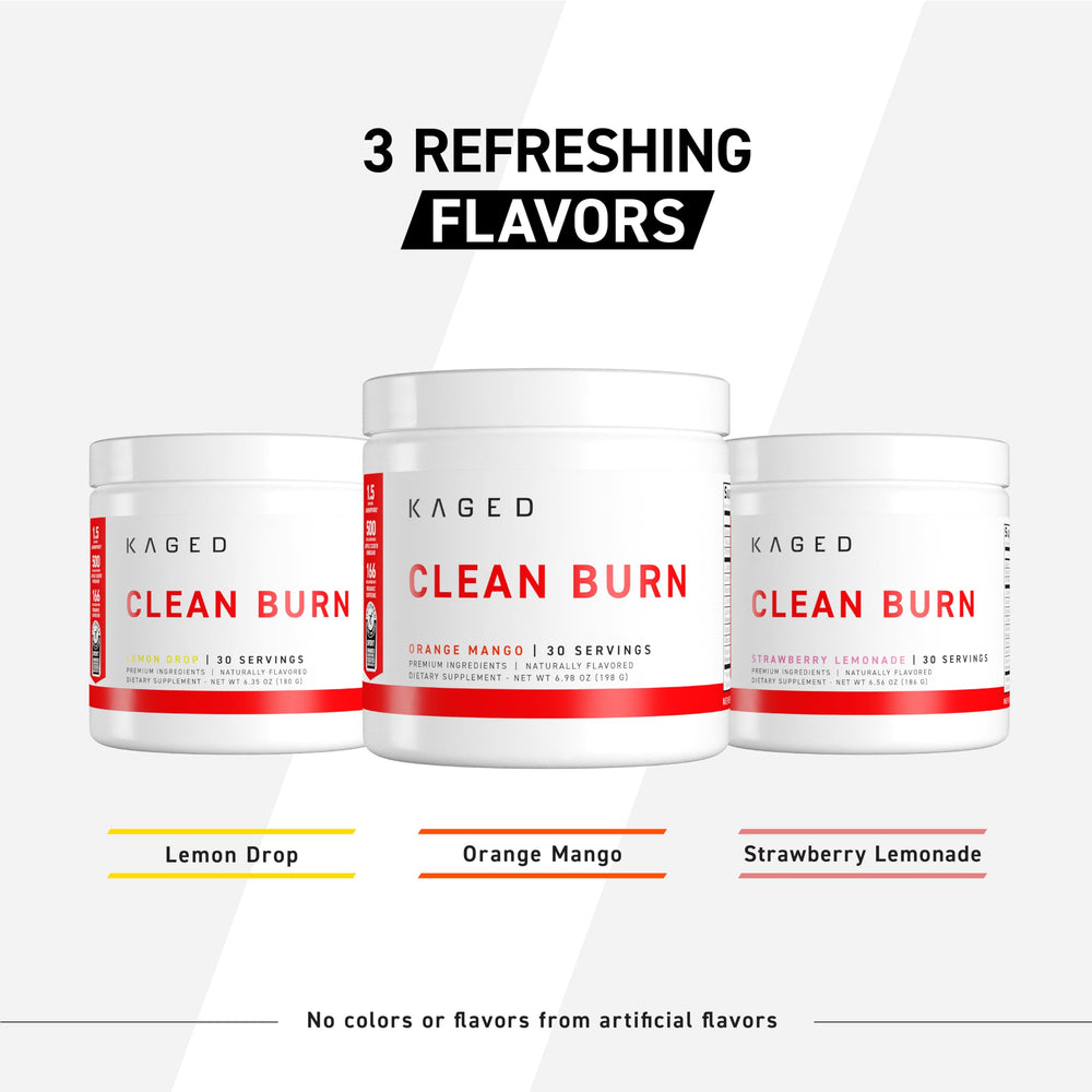 Kaged Clean Burn glass with powder reveals hydration-friendly mix and energy lift.