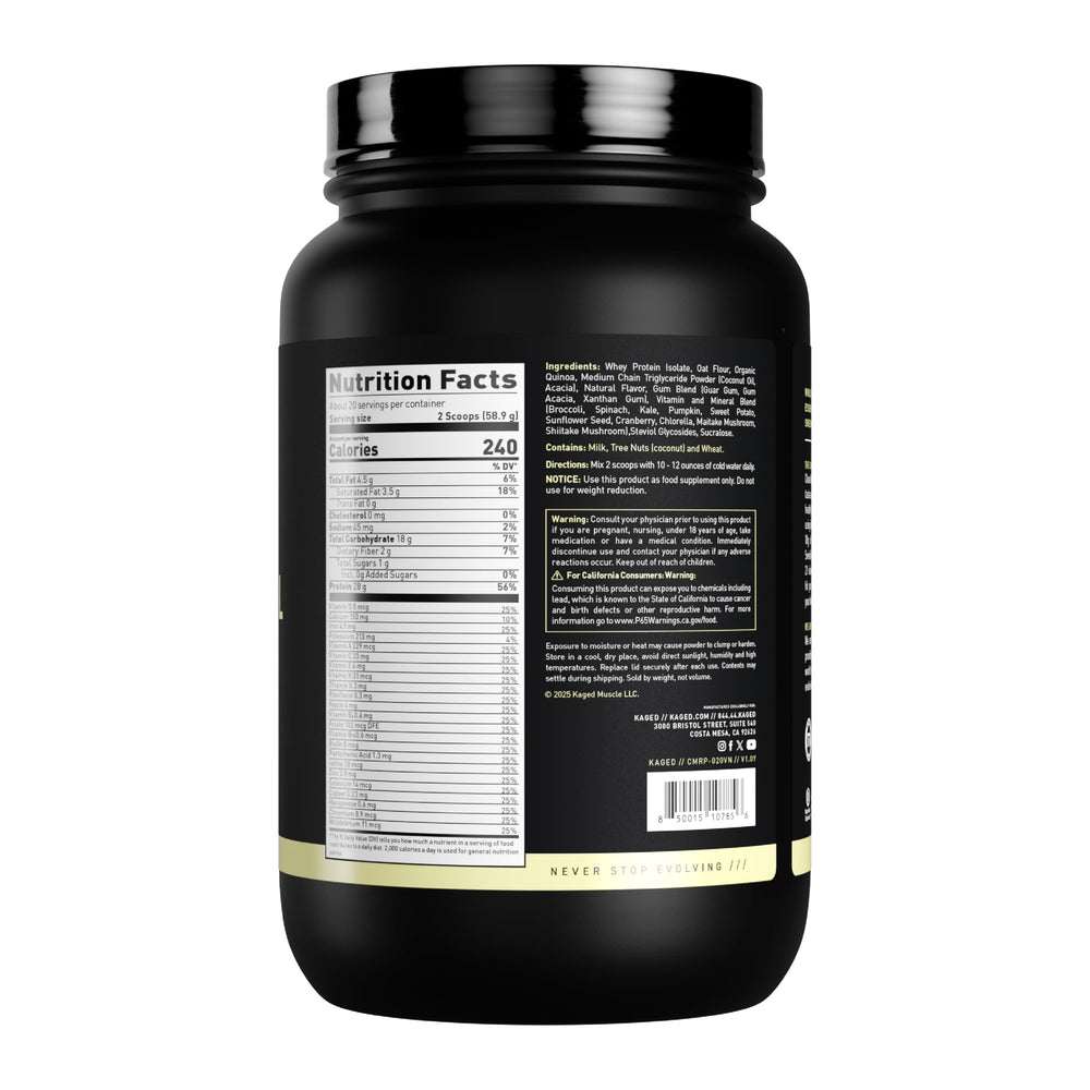 Pouring a Vanilla Cake shake from Kaged Clean Meal for fast nutrition.