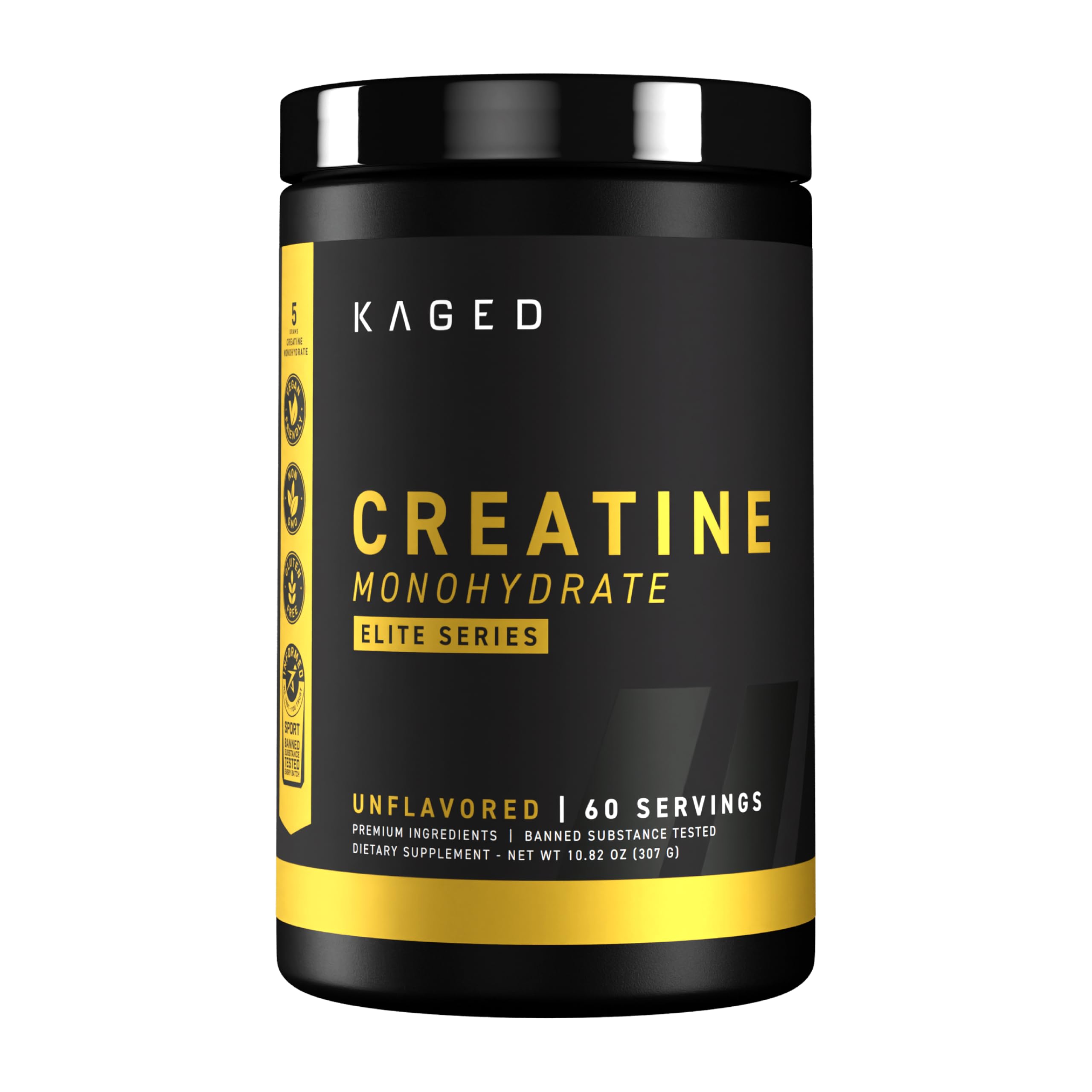 Kaged Creatine Elite unflavored powder bottle ready for easy mixing in any drink