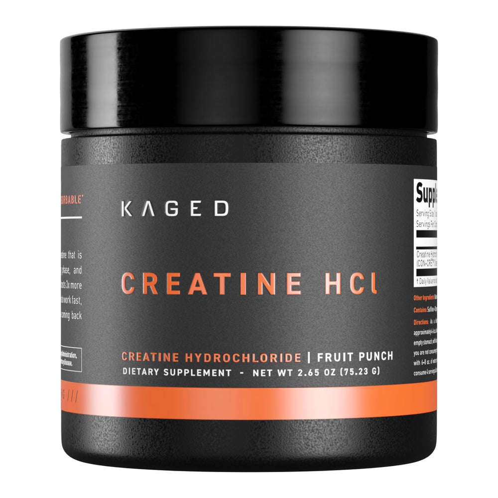 Kaged Creatine HCl powder bottle, premium fast absorption for workouts.