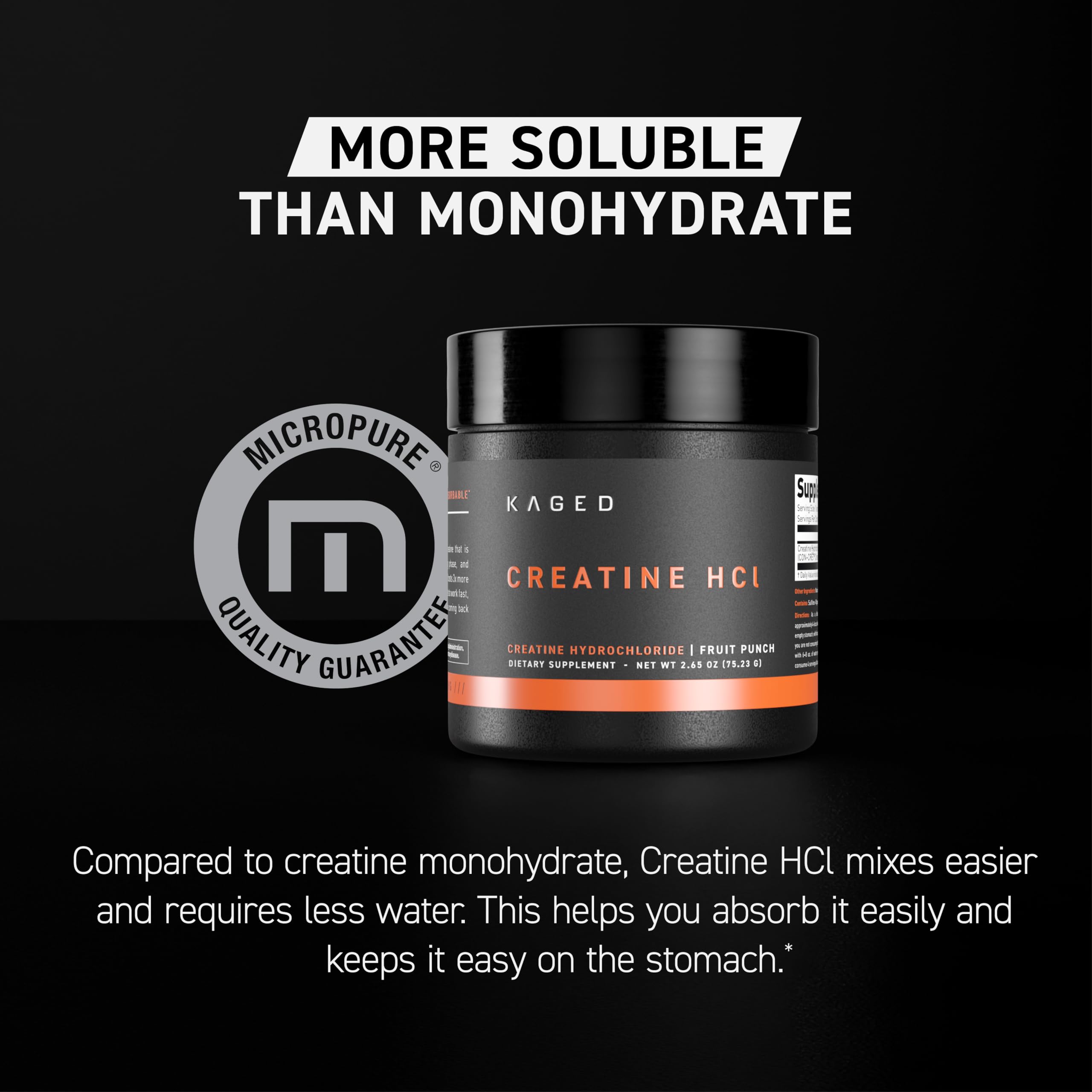 Kaged Creatine HCl powder jar closeup highlights pure formulation