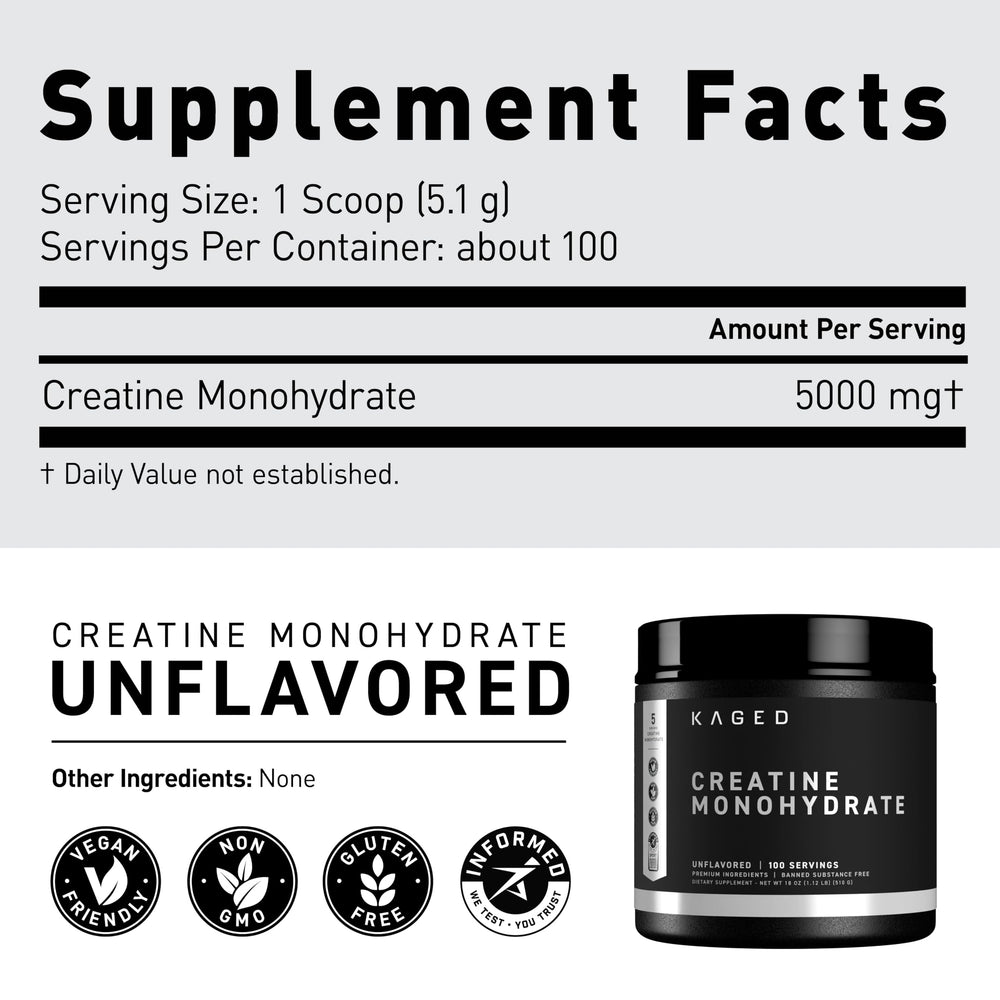 Kaged Creatine Monohydrate ready-to-mix powder in gym bottle.