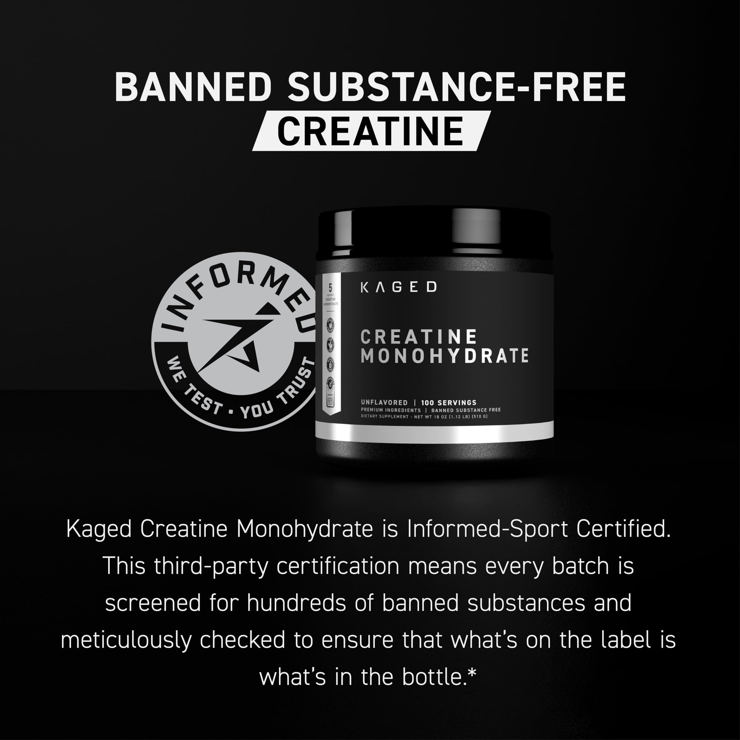 Kaged Creatine Monohydrate label closeup showing purity and value.