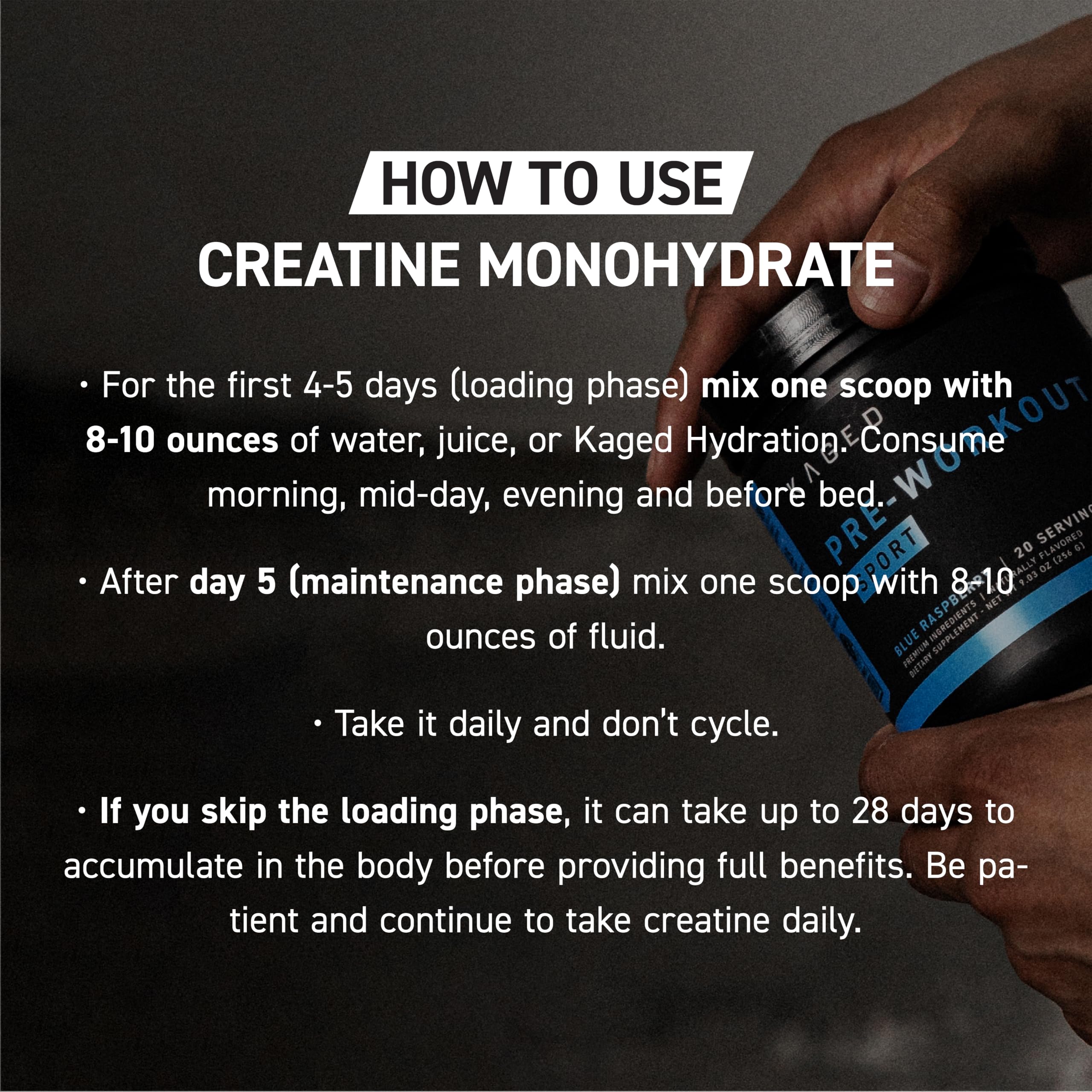Kaged Creatine Monohydrate powder silhouette on shelf.