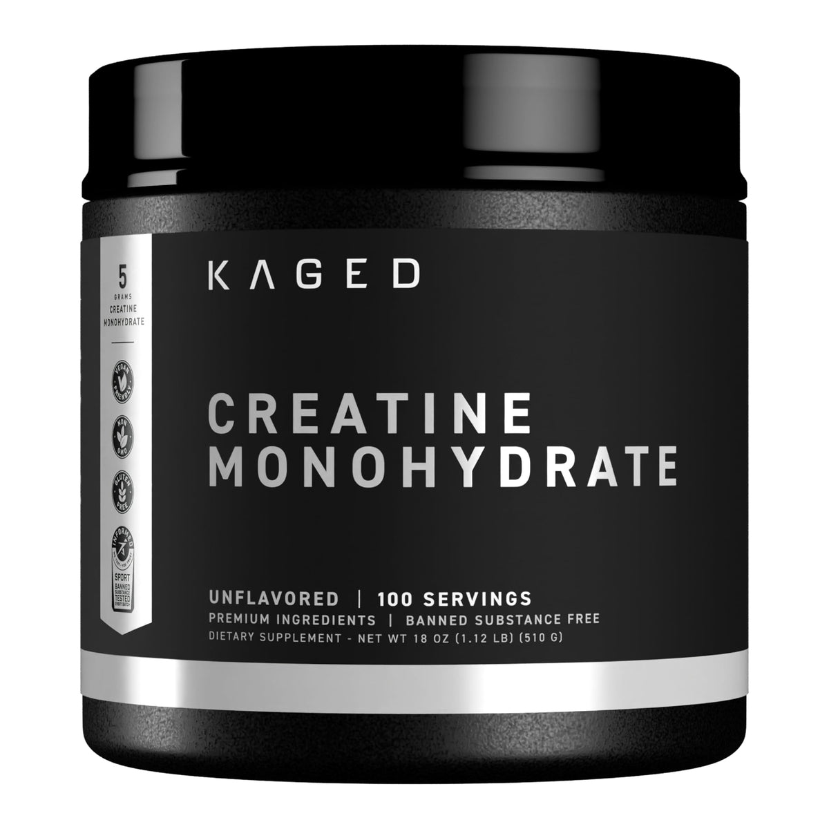 Kaged Creatine Monohydrate tub in kitchen, ultra-soluble formula for smoother workouts.