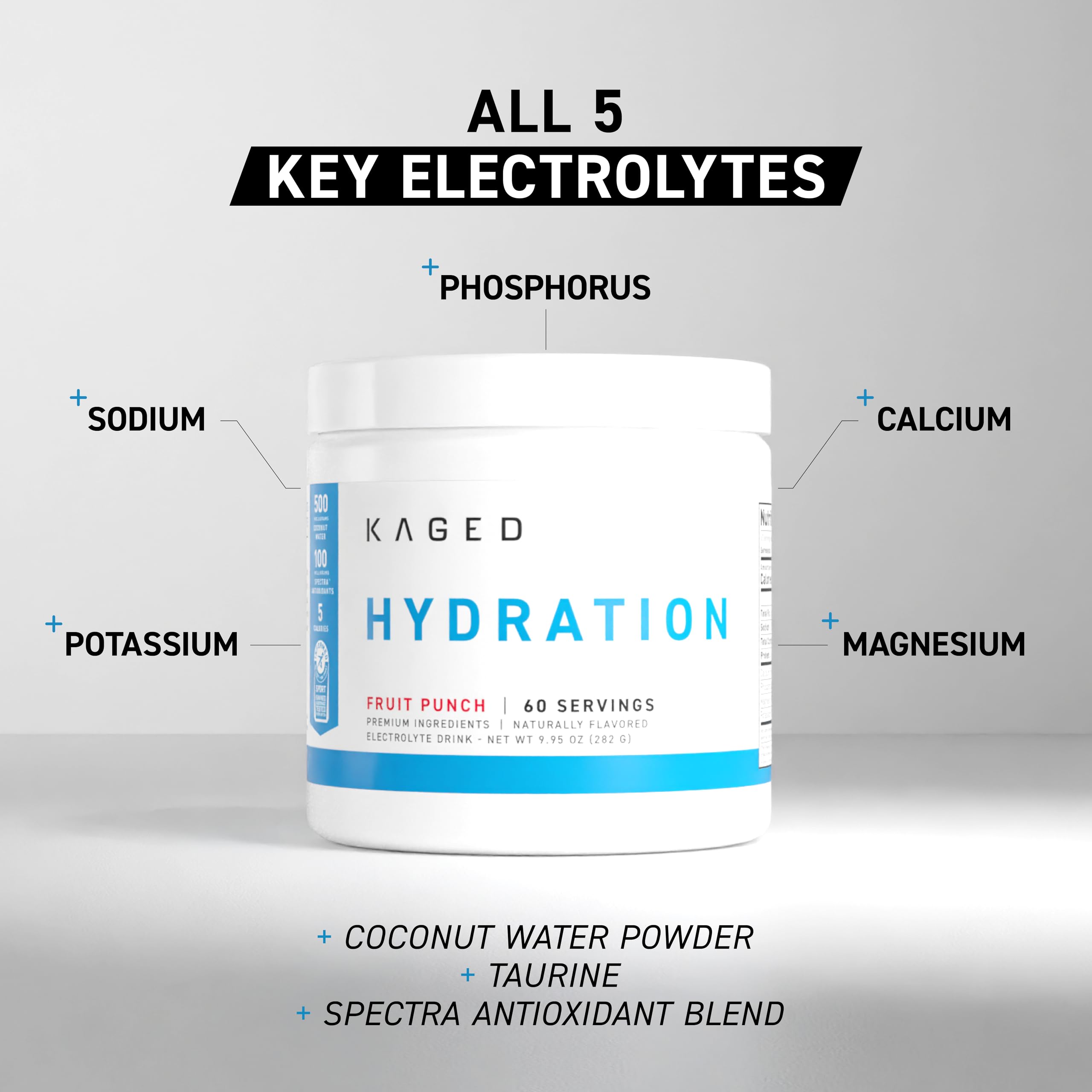 Kaged Daily Hydration tub back highlights electrolytes and taurine for balanced fluid support