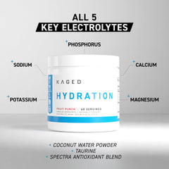 Kaged Daily Hydration tub back highlights electrolytes and taurine for balanced fluid support