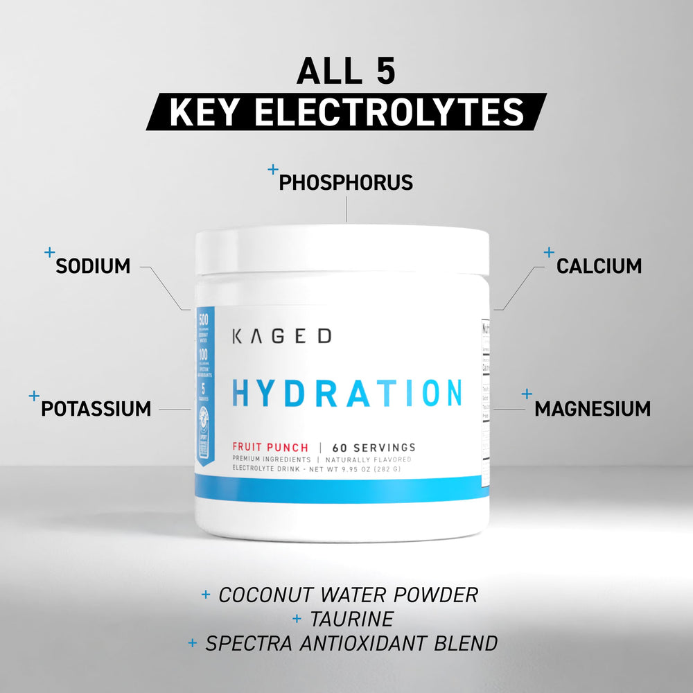 Kaged Daily Hydration tub label highlights five electrolytes and sugar free formula