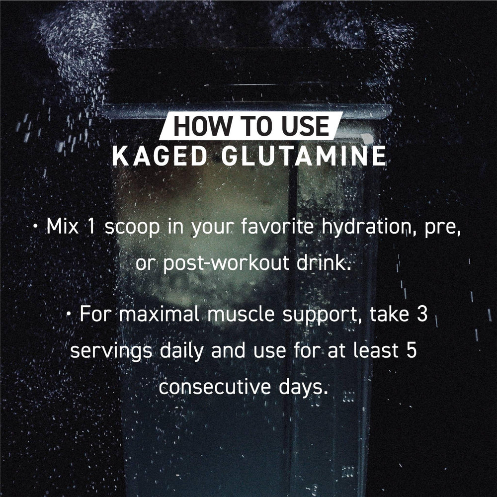 Kaged Glutamine unflavored tub ready for versatile mixing in drinks.