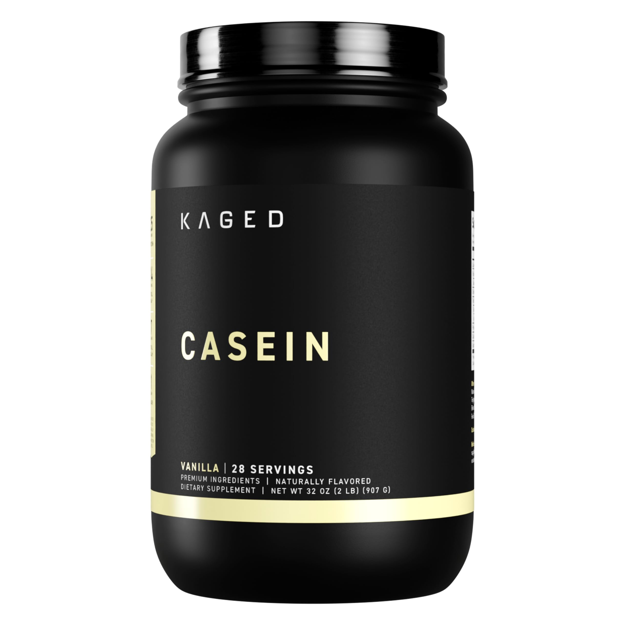 Kaged Kasein Vanilla bottle shows 28 servings for overnight protein support