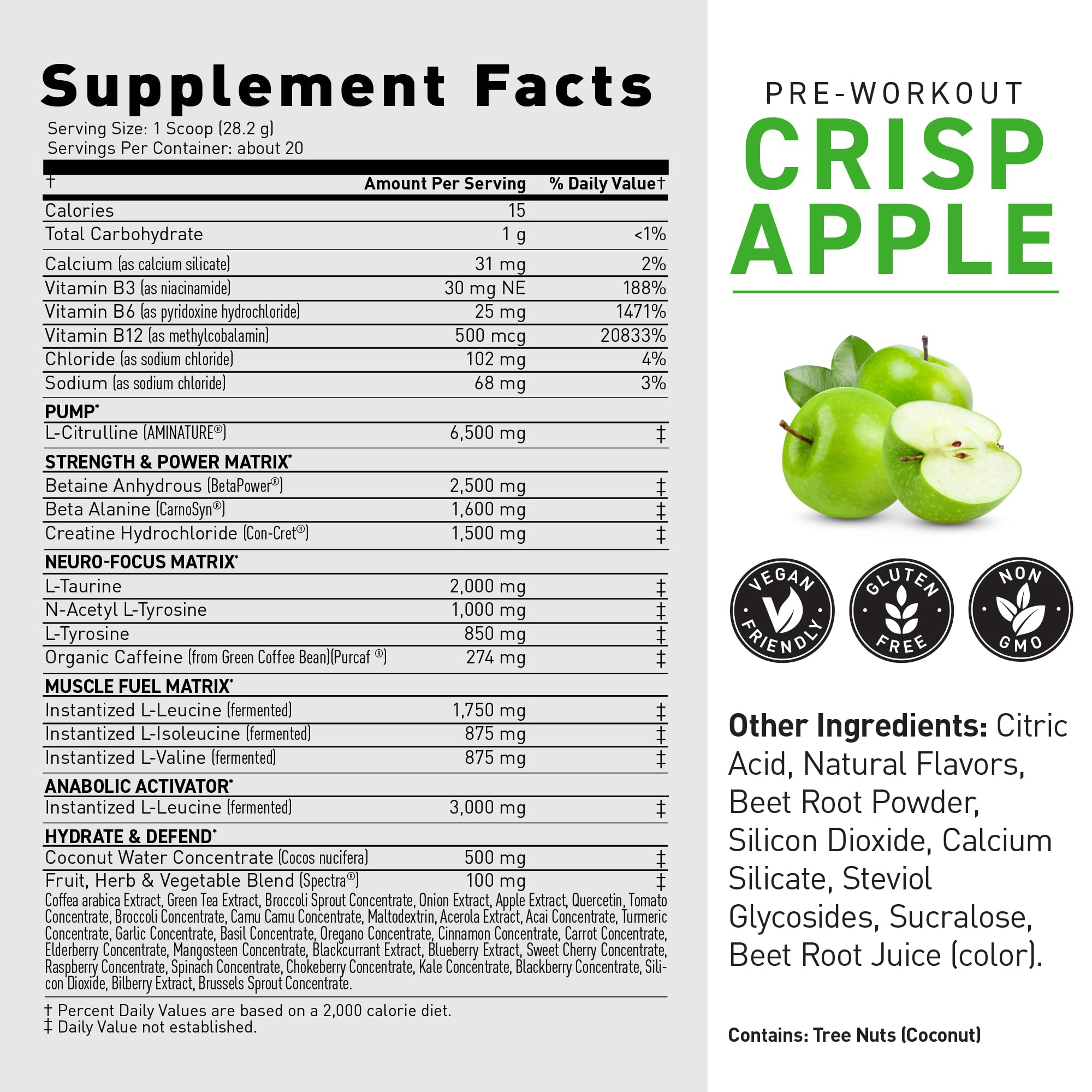 Kaged Krisp Apple ingredients panel notes PurCaf caffeine and BCAAs.