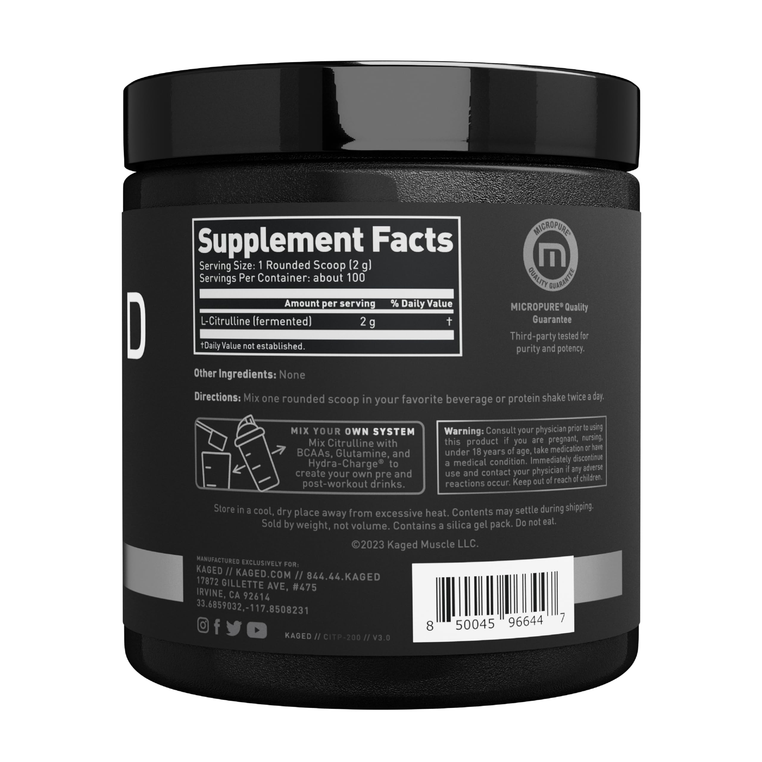 Kaged L-Citrulline powder container top view on shelf