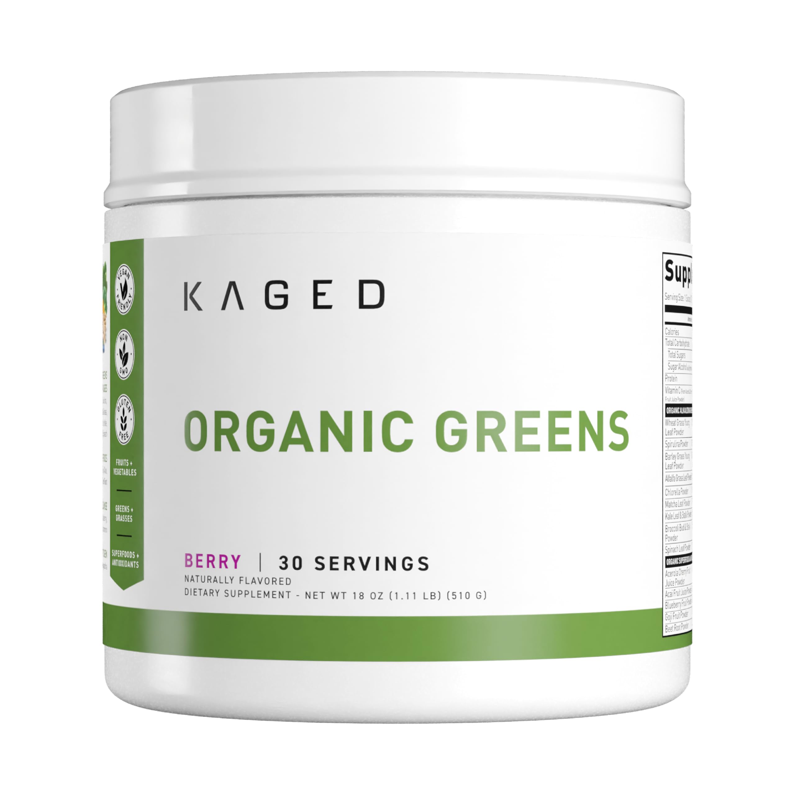 Kaged Organic Greens Outlive100 Berry bottle showing vibrant powder for daily vitality