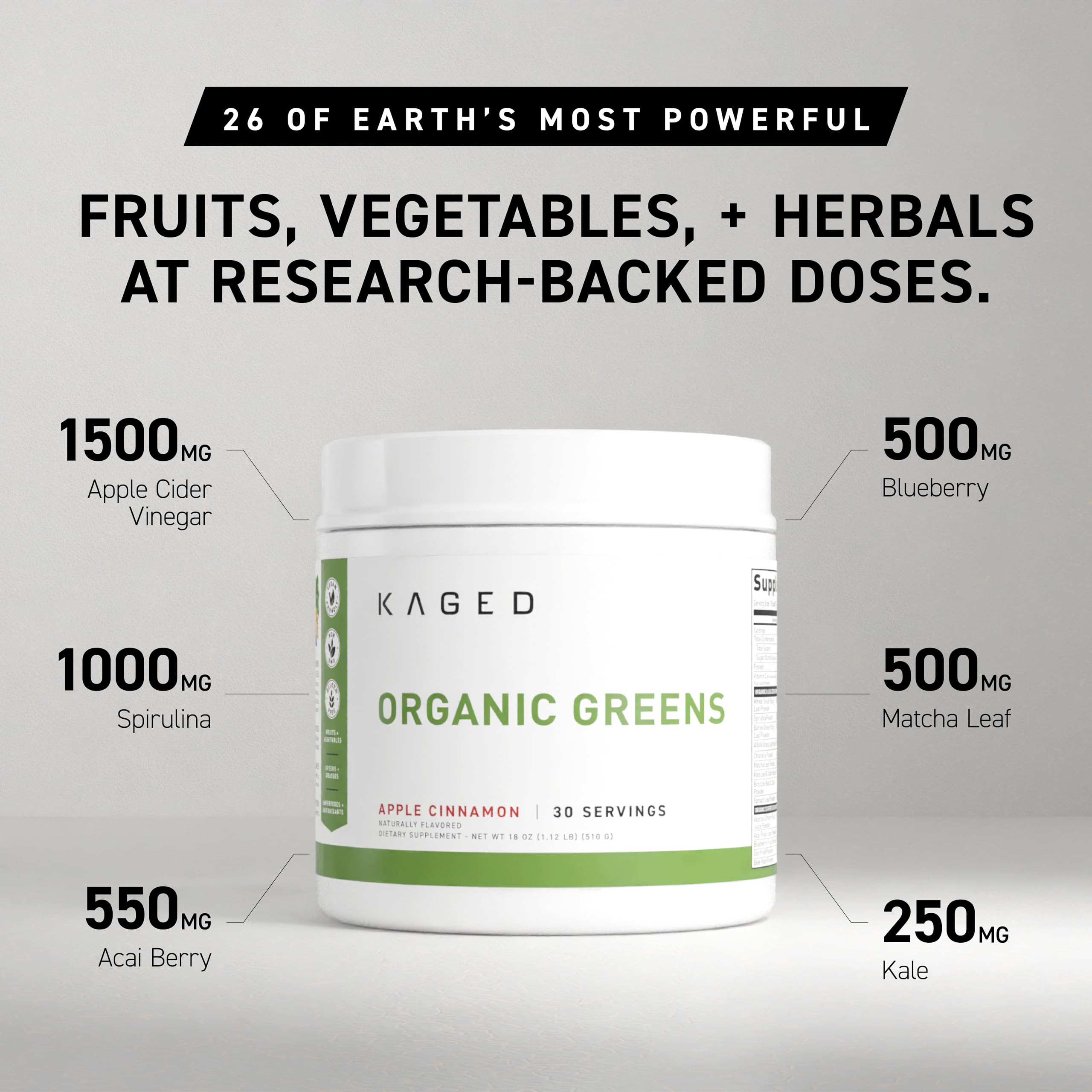 Kaged Organic Greens tub label highlighting organic nutrients and clean formula