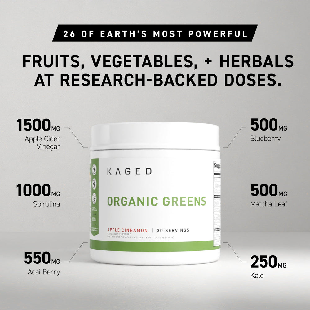 Kaged Organic Greens tub label highlighting organic nutrients and clean formula