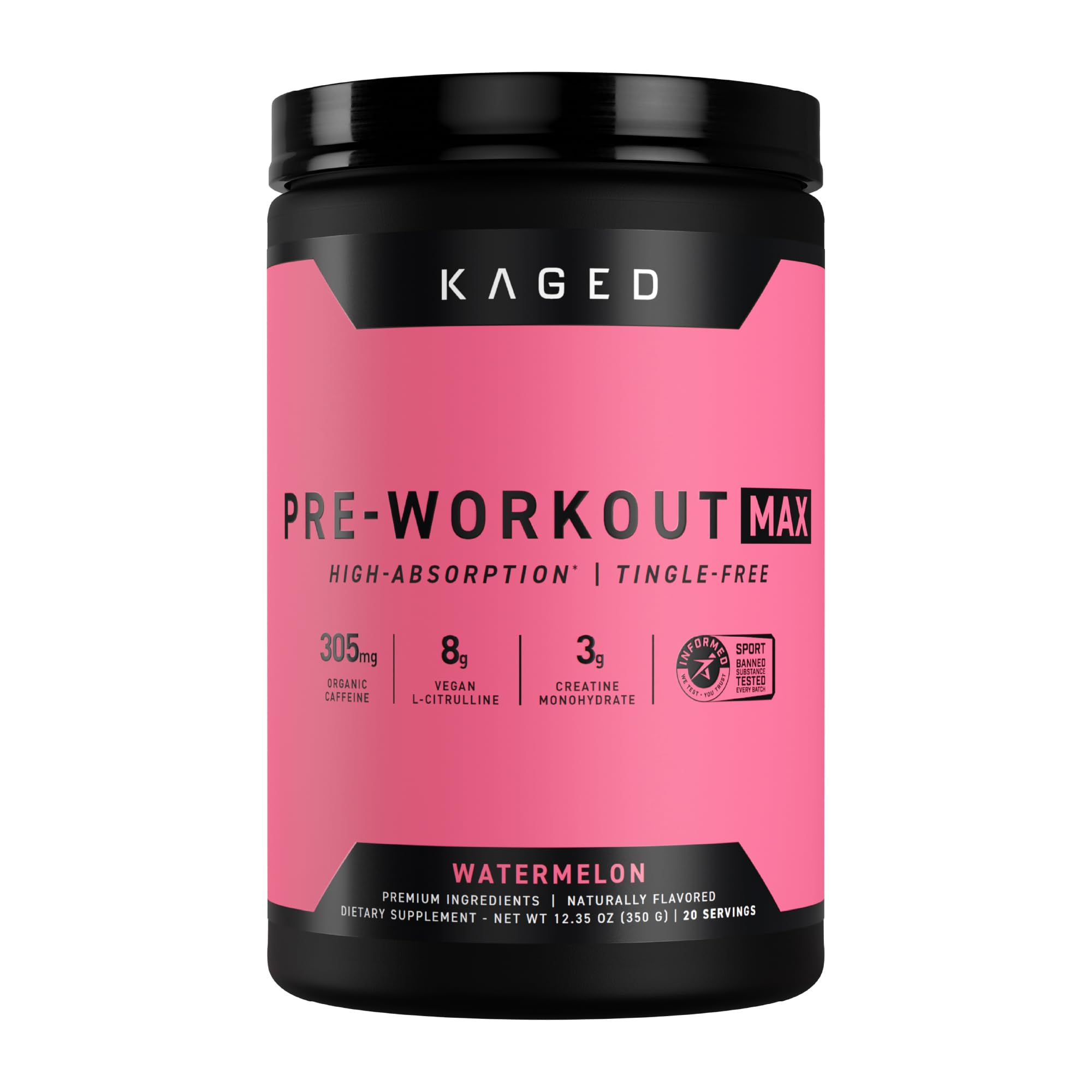 Kaged Pre-Workout MAX watermelon powder for sustained energy and focus during workouts.