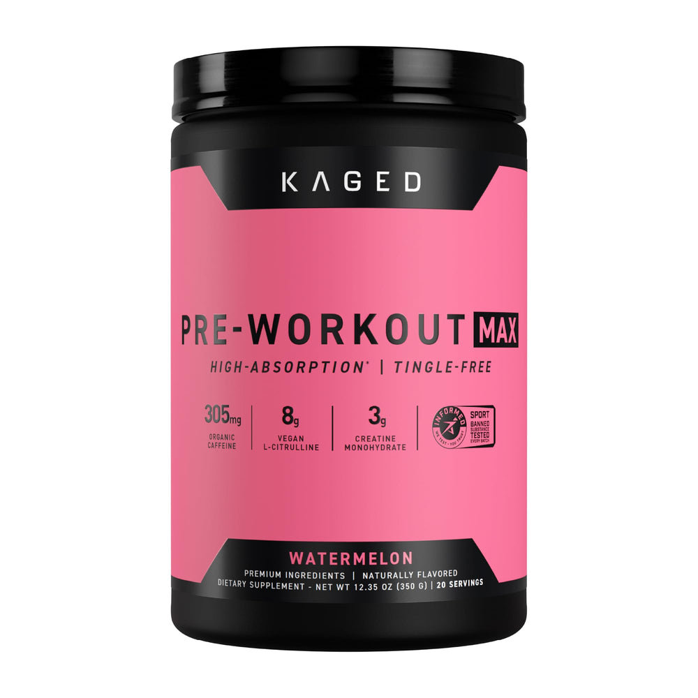 Kaged Pre-Workout MAX watermelon powder for sustained energy and focus during workouts.