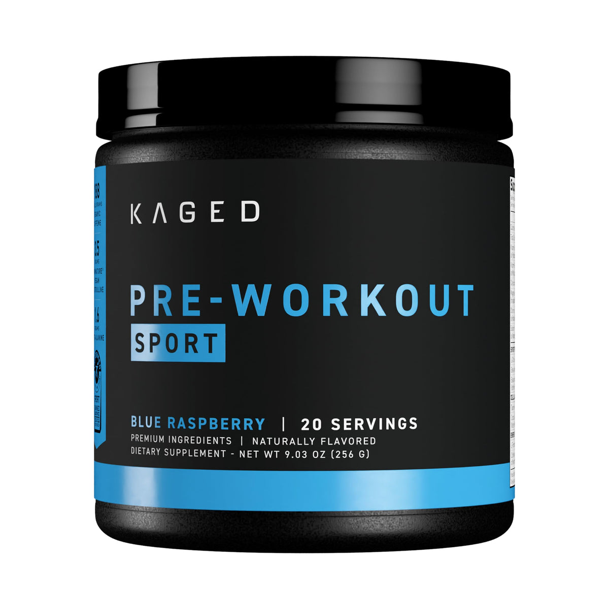 Kaged Sport Pre Workout Blue Raz jar front view for clean energy.