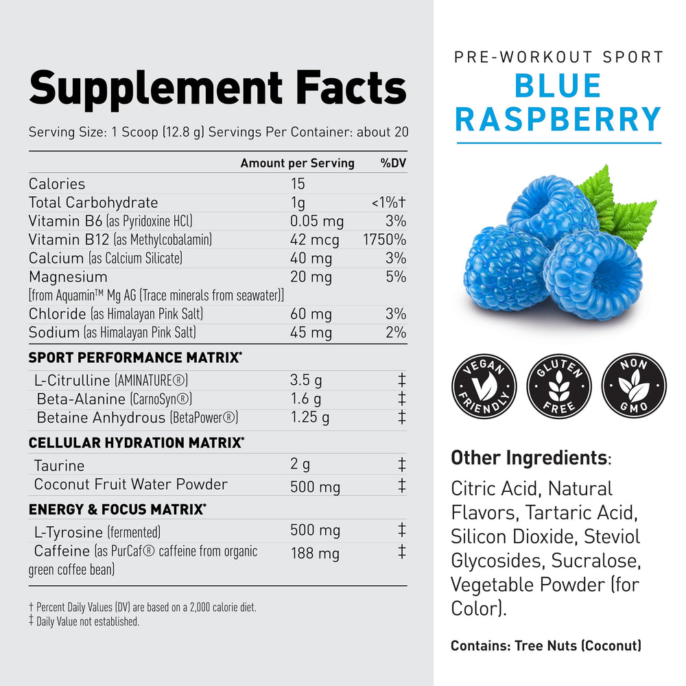 Kaged Sport Pre Workout label close-up showing caffeine content for workouts.