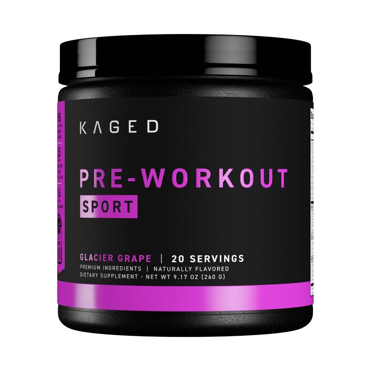 Kaged Sport Pre Workout Glacier Grape container highlights clean energy for workouts.