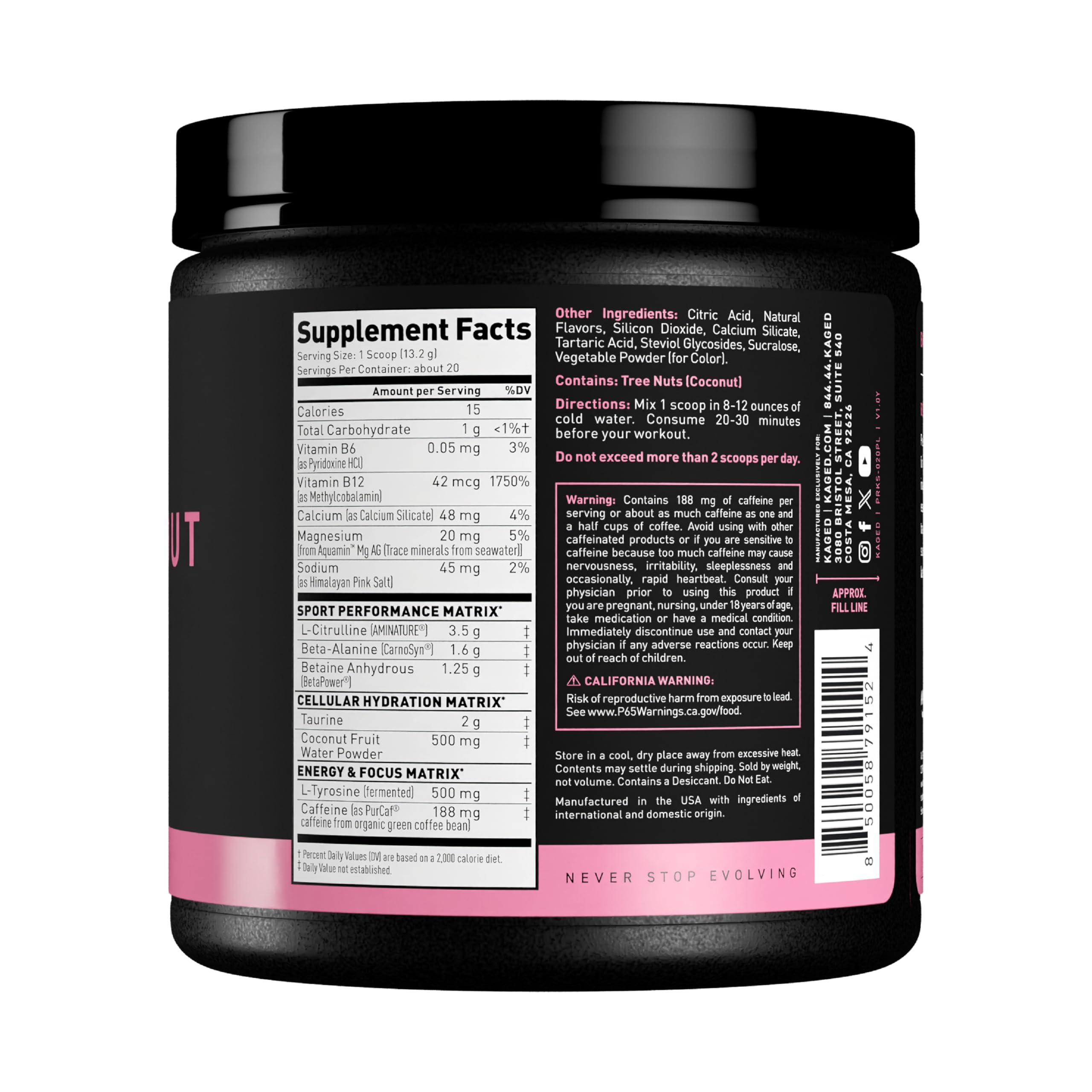 Tub of Kaged Sport Pre Workout Pink Lemonade ready to mix for workouts