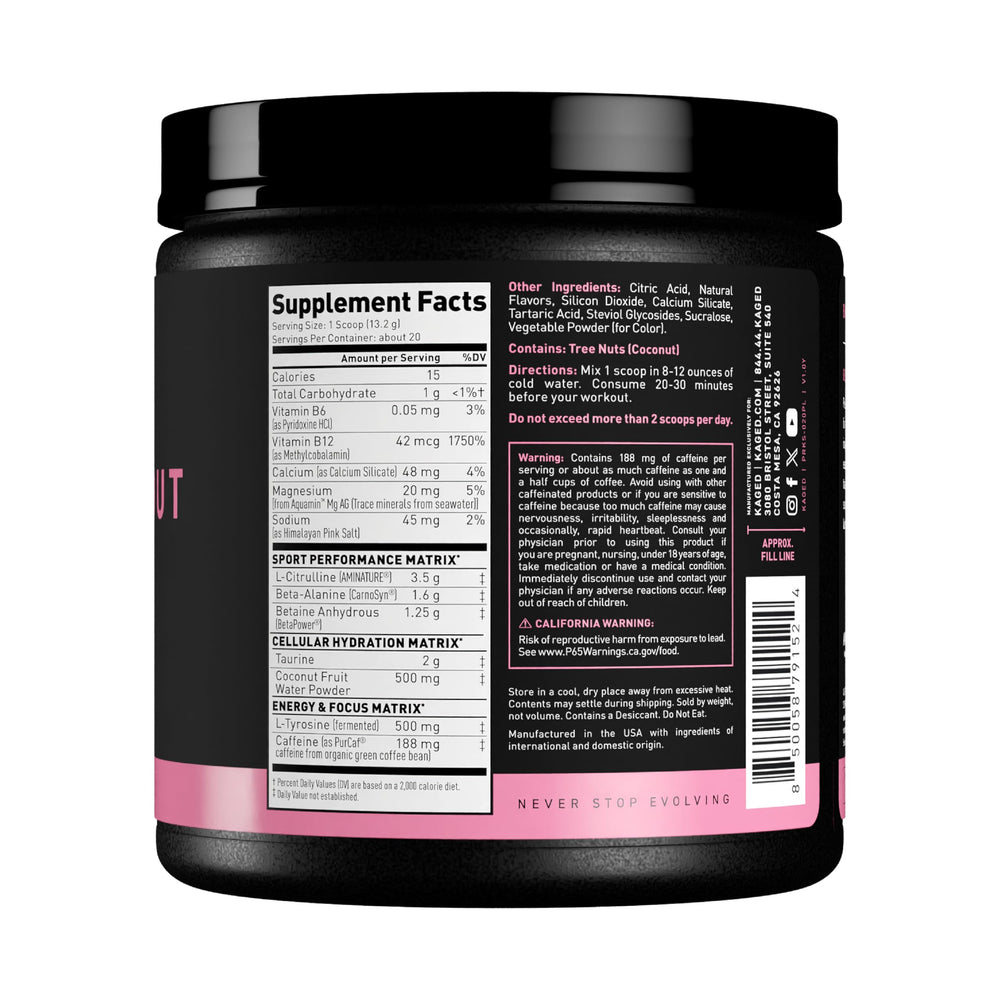 Tub of Kaged Sport Pre Workout Pink Lemonade ready to mix for workouts