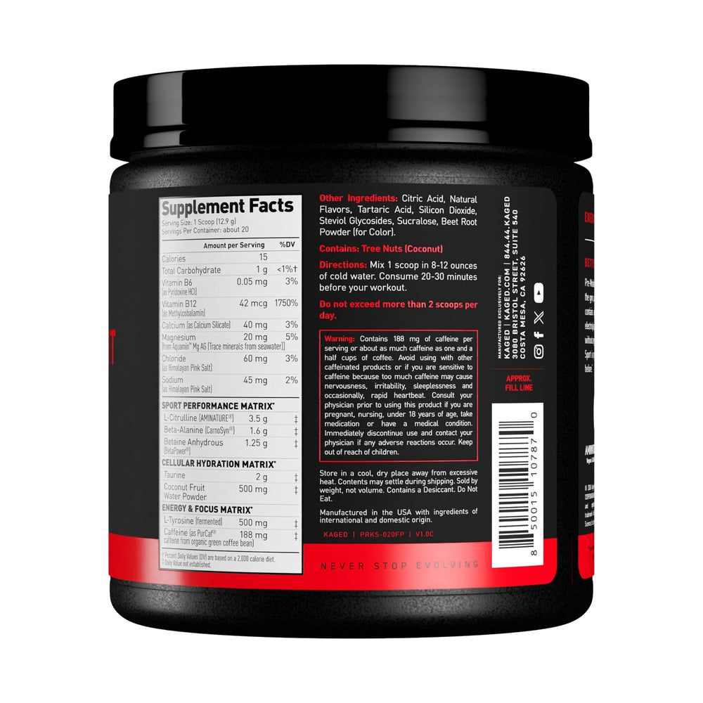 Kaged Sport Pre Workout Powder packaging open, showing premium, banned-substance-free formula.
