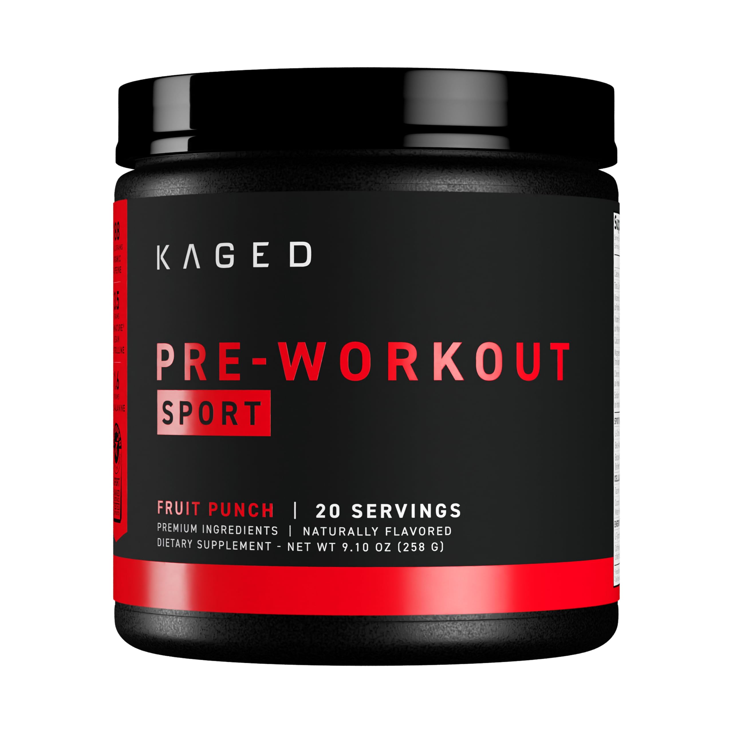 Kaged Sport Pre Workout Powder tub front, designed to boost energy and focus.