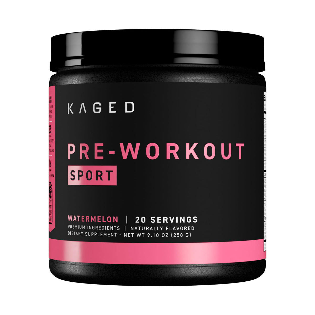 Kaged Sport Pre Workout Watermelon powder with scoop for a clean energy boost before training