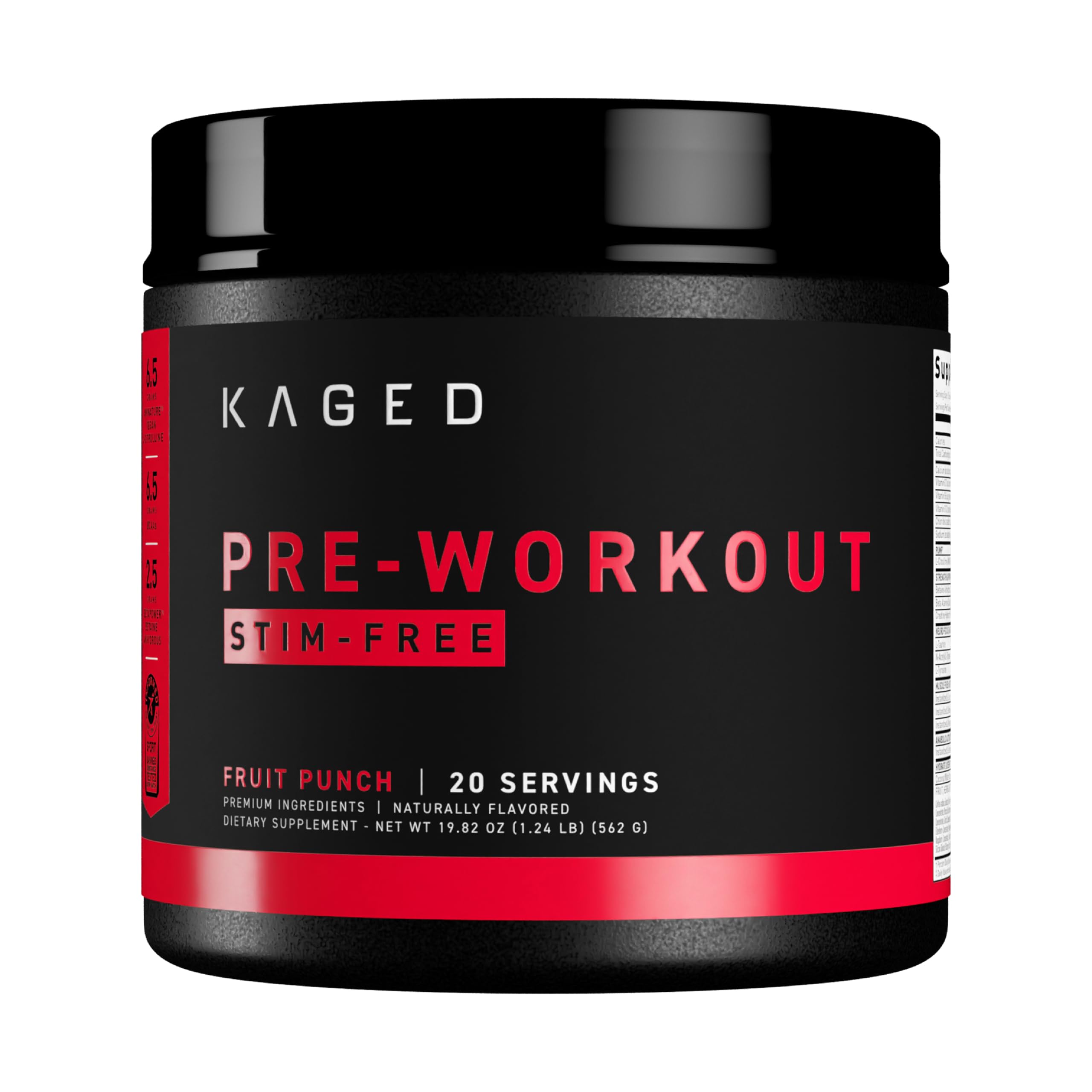 Kaged Stimulant Free Pre-Workout Fruit Punch bottle promotes clean energy for workouts.