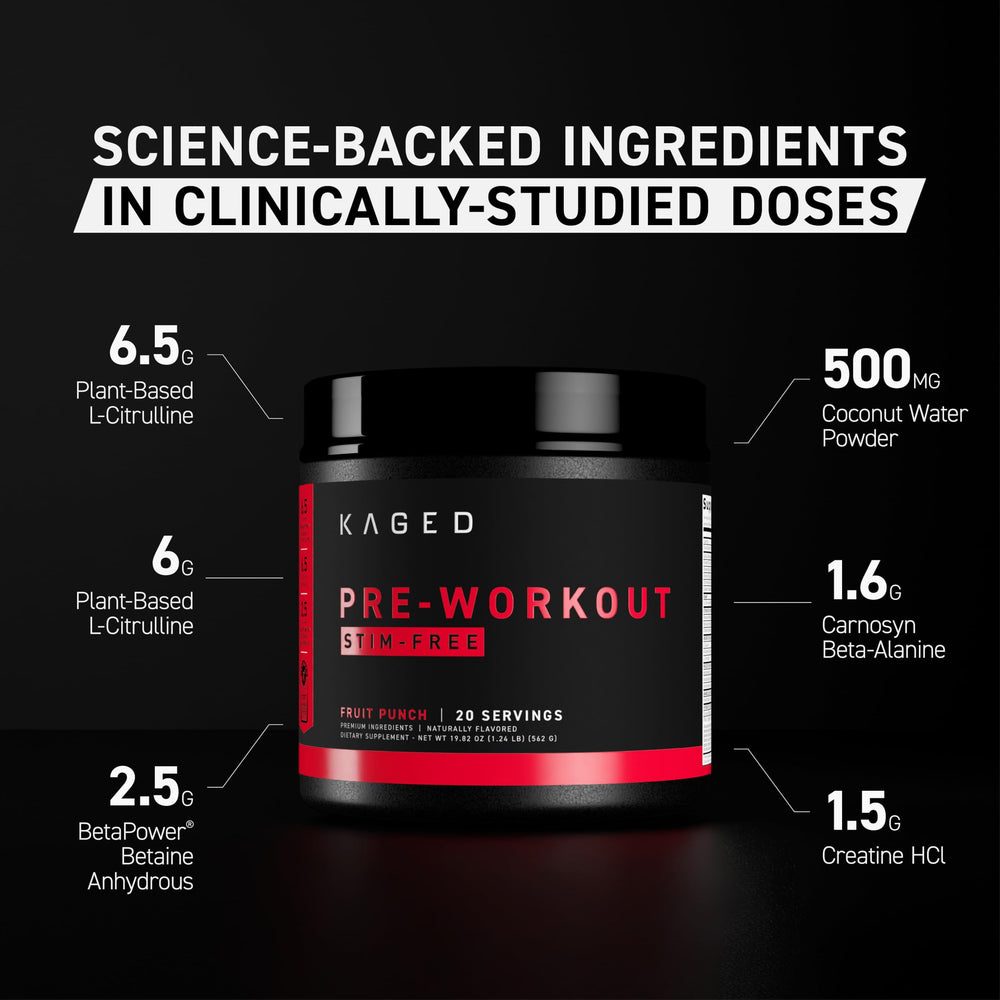 Kaged Stimulant Free Pre-Workout canister highlights premium ingredients for pumps and focus.