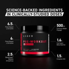 Kaged Stimulant Free Pre-Workout canister highlights premium ingredients for pumps and focus.