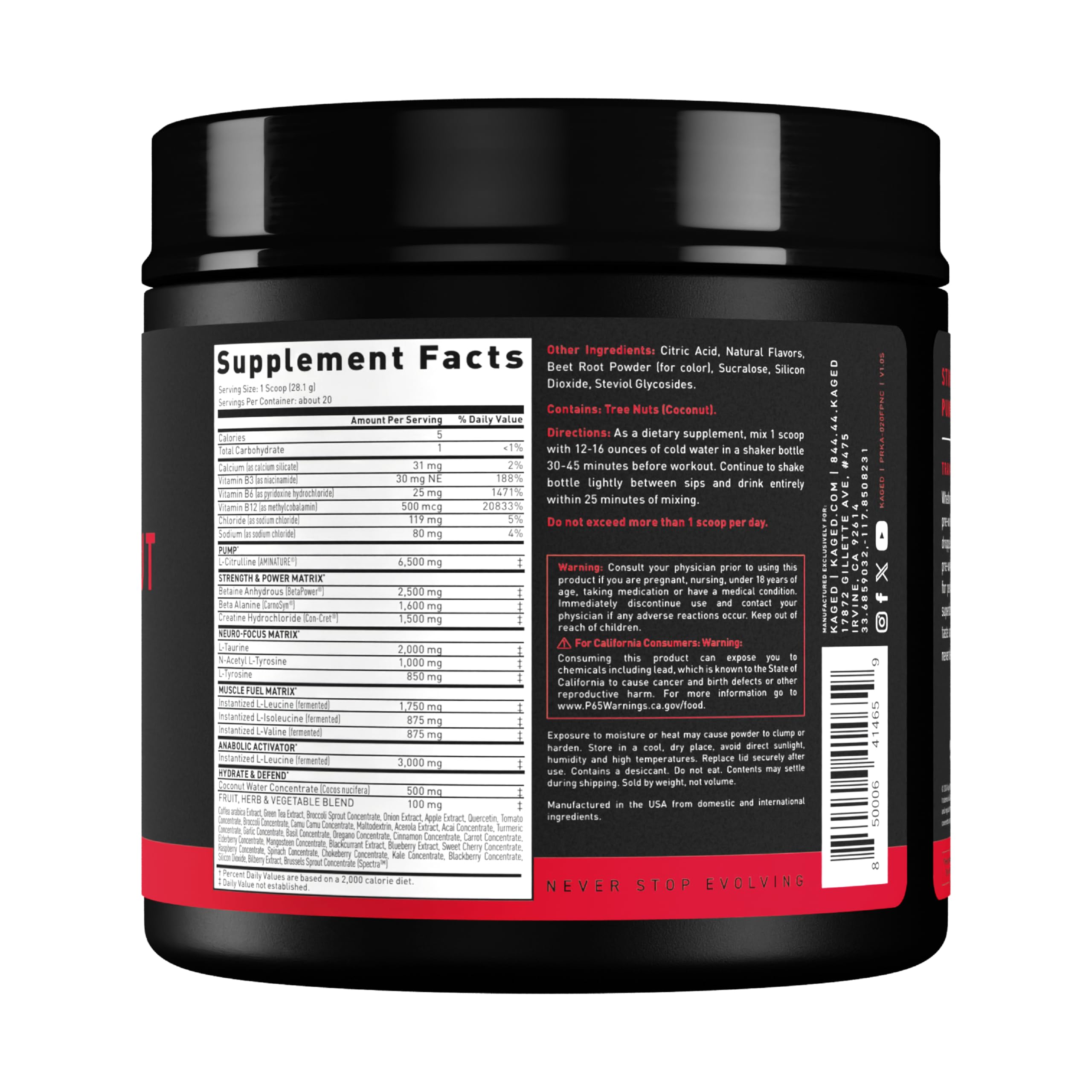 Kaged Stimulant Free product closeup emphasizes Fruit Punch flavor profile.