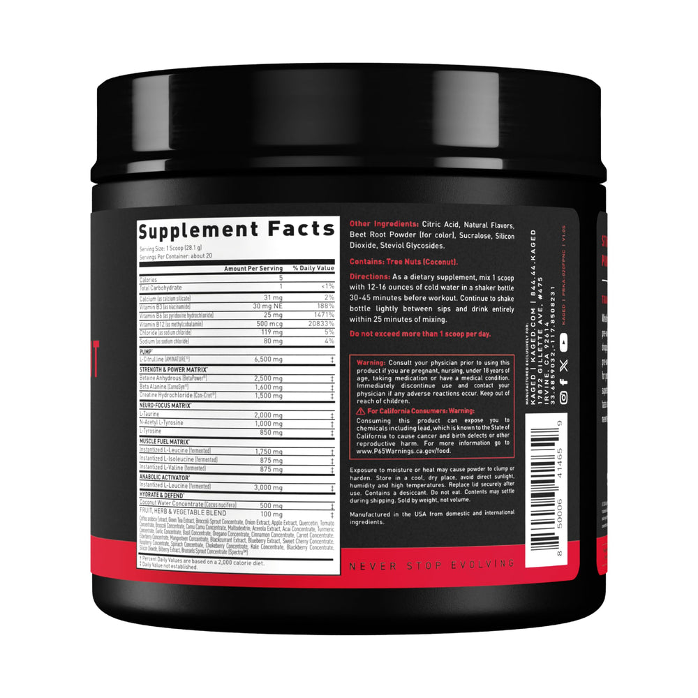 Kaged Stimulant Free product closeup emphasizes Fruit Punch flavor profile.