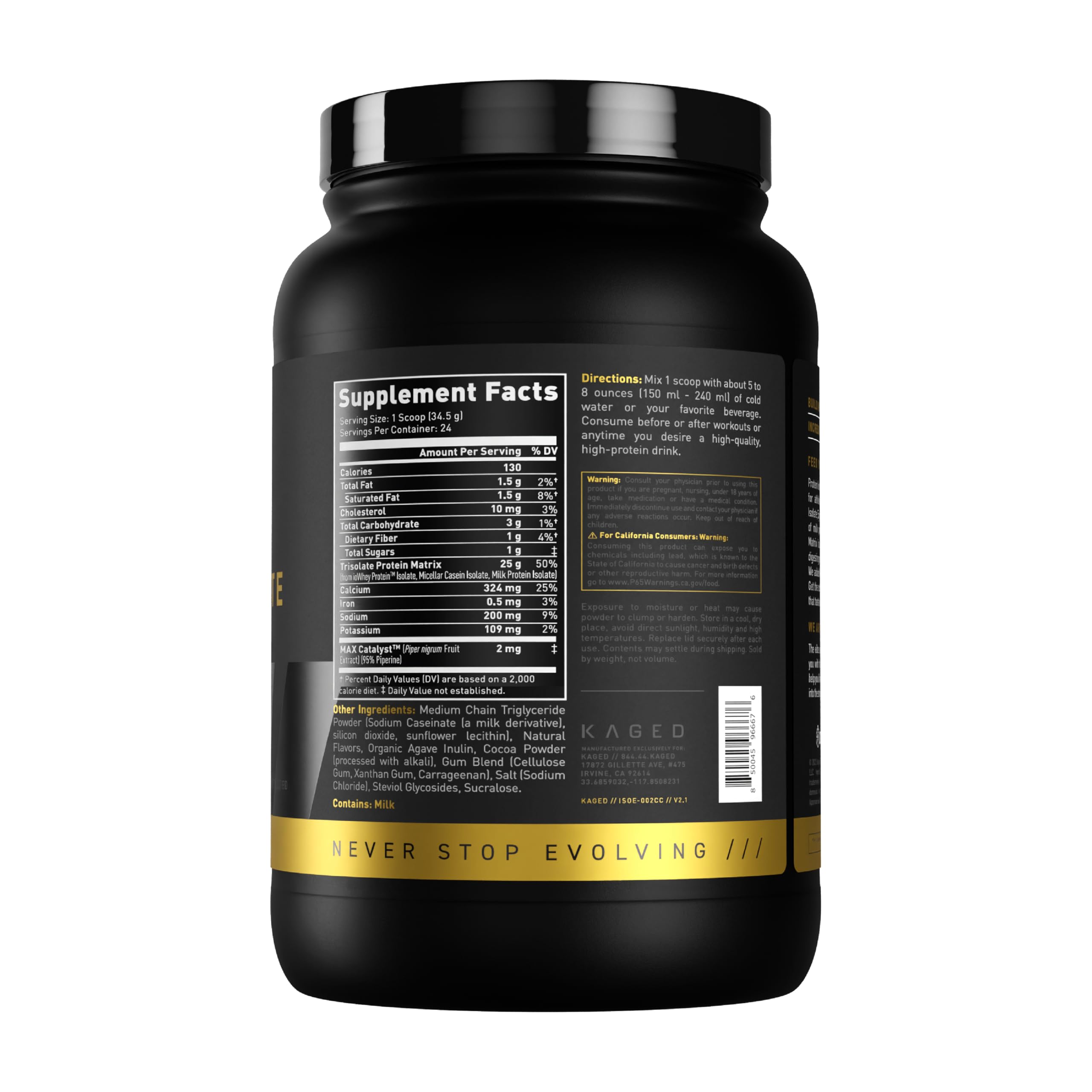 Packaging close-up emphasizes TRISOLATE and premium isolates.