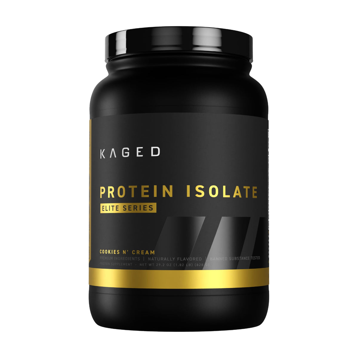 Kaged Whey Isolate Elite Cookies & Cream being poured for post-workout protein boost.