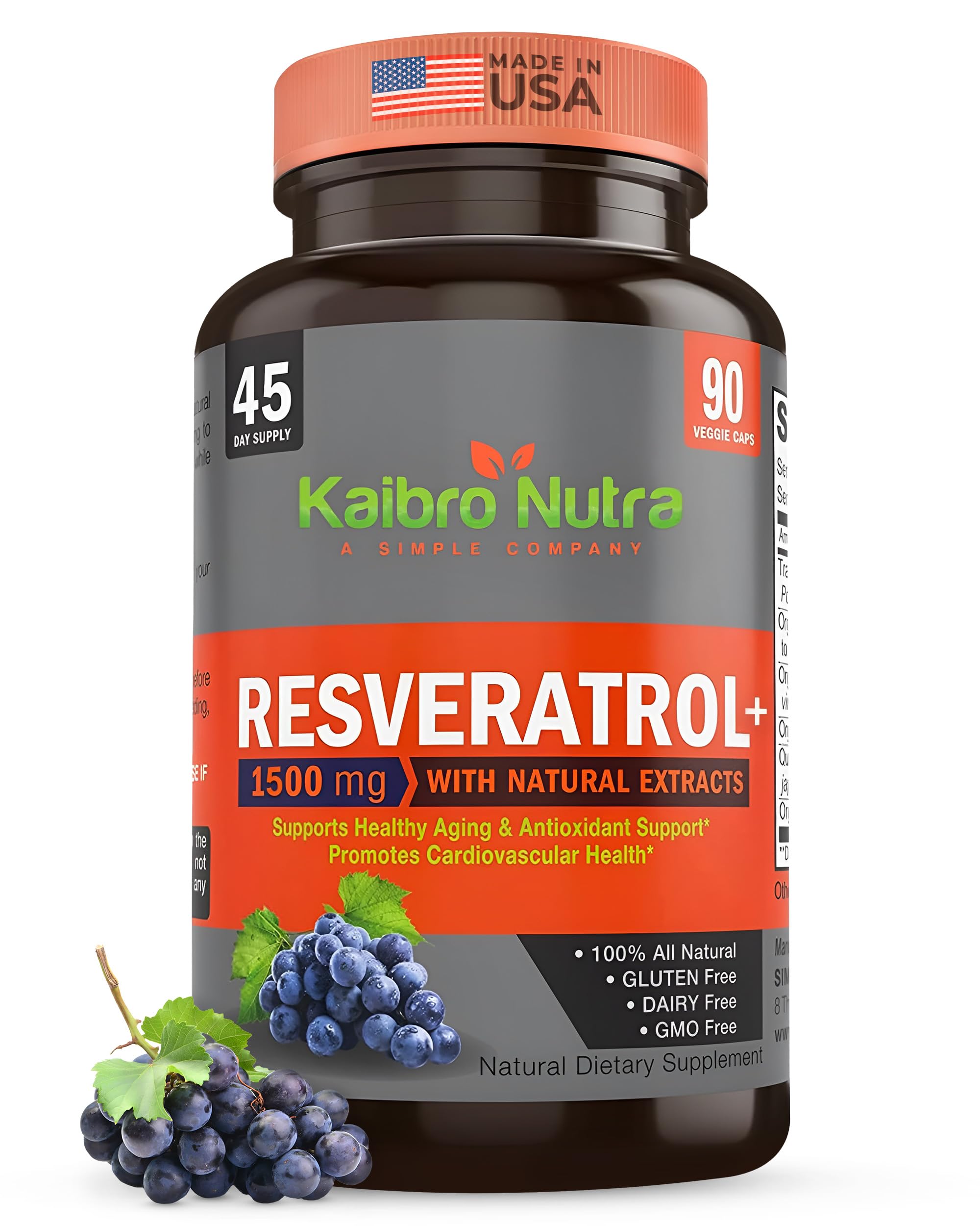 Kaibro Nutra Resveratrol bottle front, highlighting high-potency formula for daily vitality