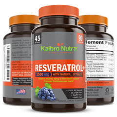 Kaibro Nutra Resveratrol bottle label, vegan and non-GMO claims visible