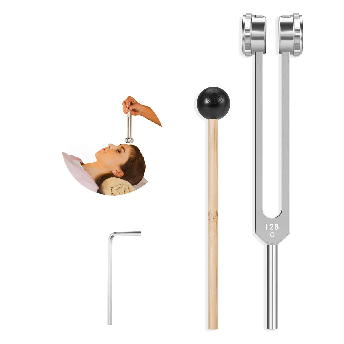 KAIGESZAD C128hz tuning fork with reflex hammer for chakra balance and sound therapy sessions.