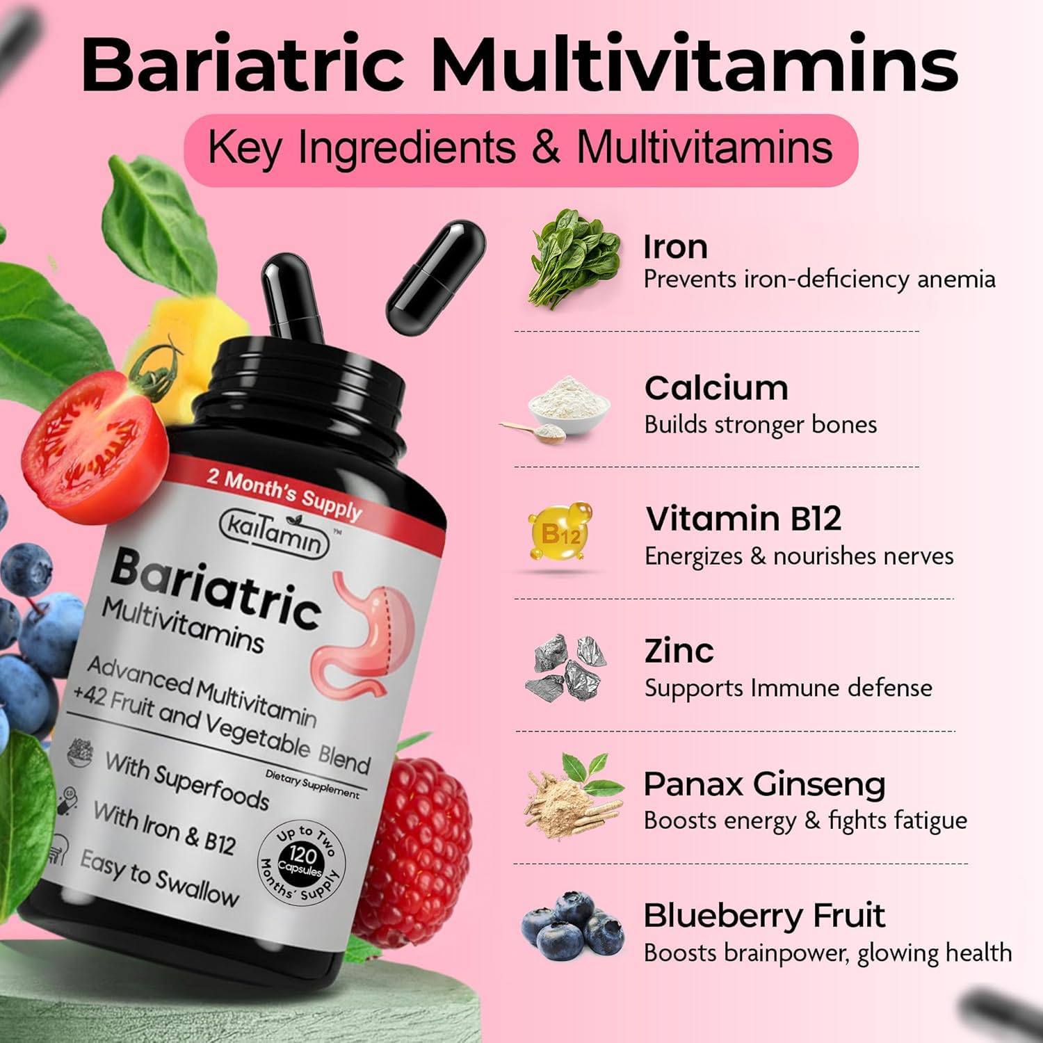 Kaitamin bariatric multivitamin iron capsules close-up — convenient daily nutrients.