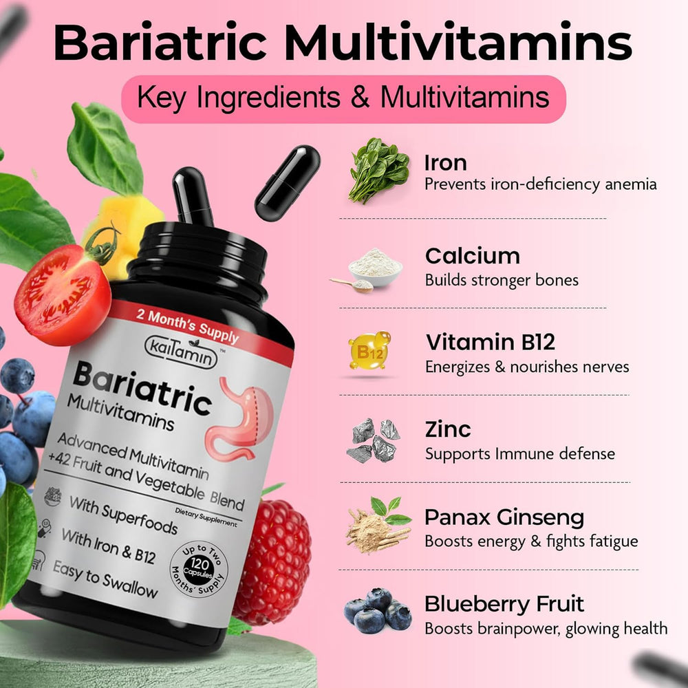 Kaitamin bariatric multivitamin iron capsules close-up — convenient daily nutrients.
