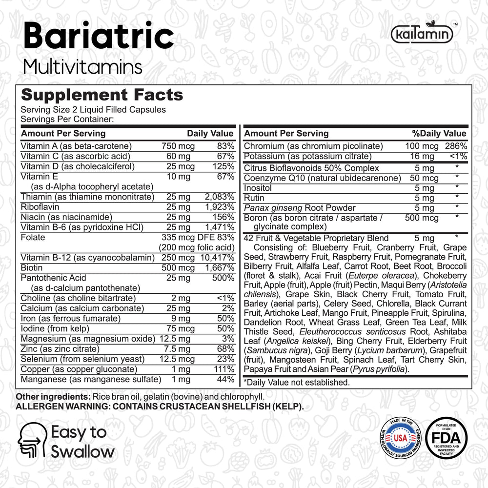 Kaitamin bariatric multivitamin label — clear nutrition details for post-op care.