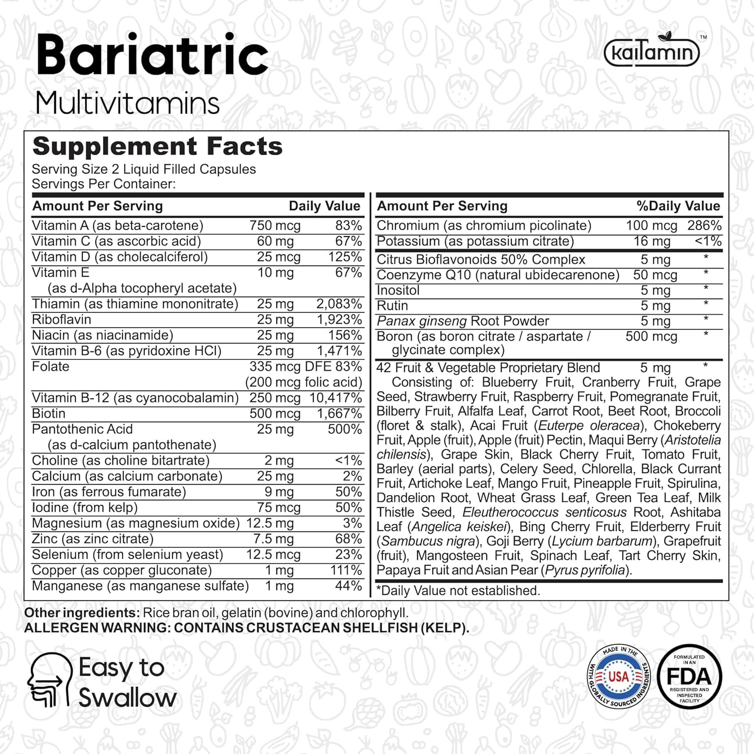 Kaitamin bottle label front shows clear ingredient overview and post-bariatric wellness focus.