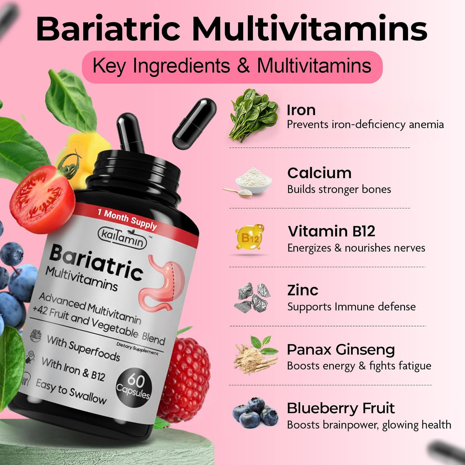 Kaitamin liquid-filled capsules closeup highlights easy-to-swallow design for daily post-op nutrition.