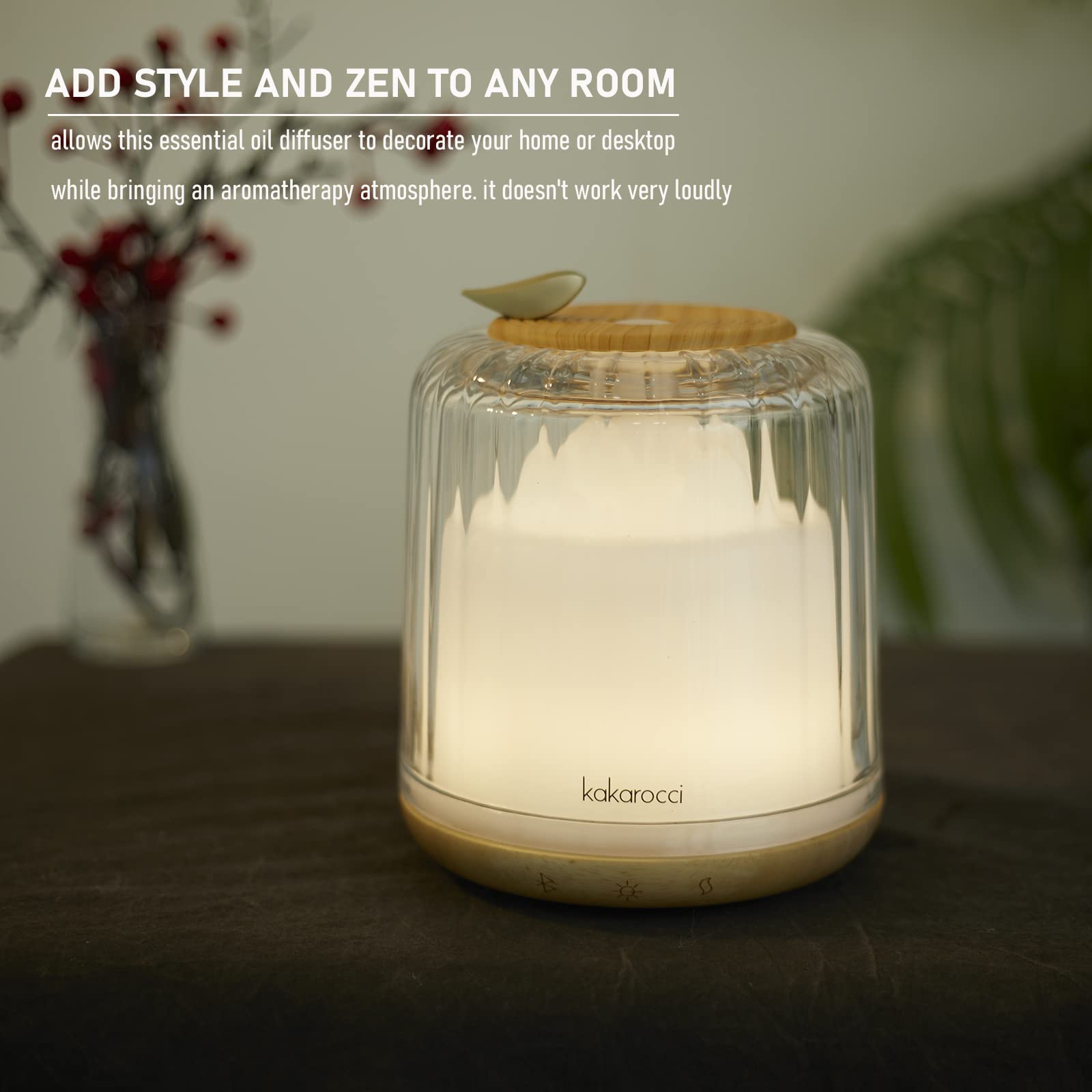 Kakoda diffuser with Bluetooth speaker enabling wireless music playback.