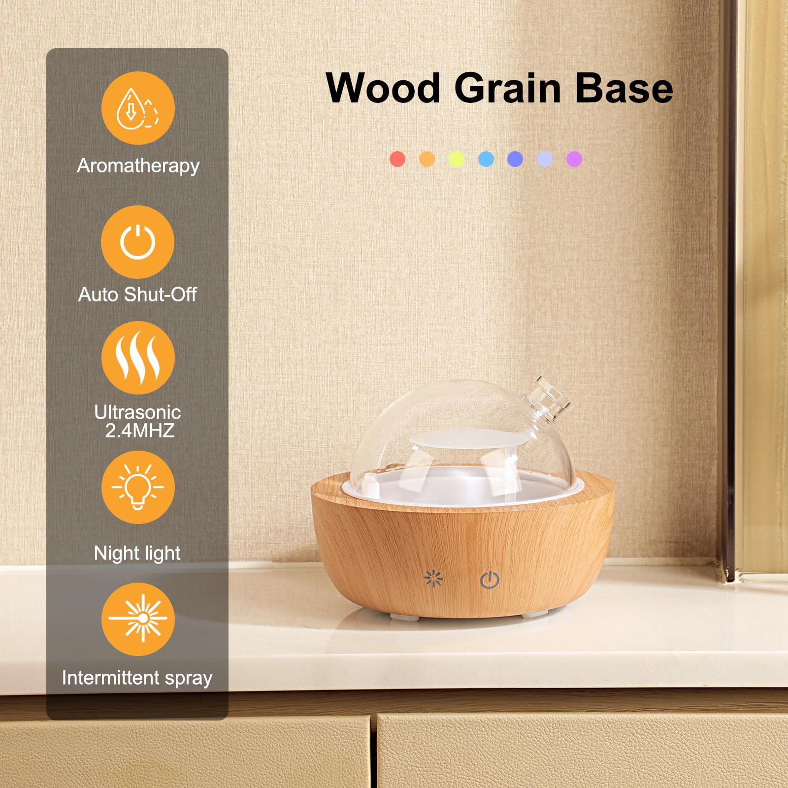 Kakoda diffuser with LED mood light and seven colors for ambience.