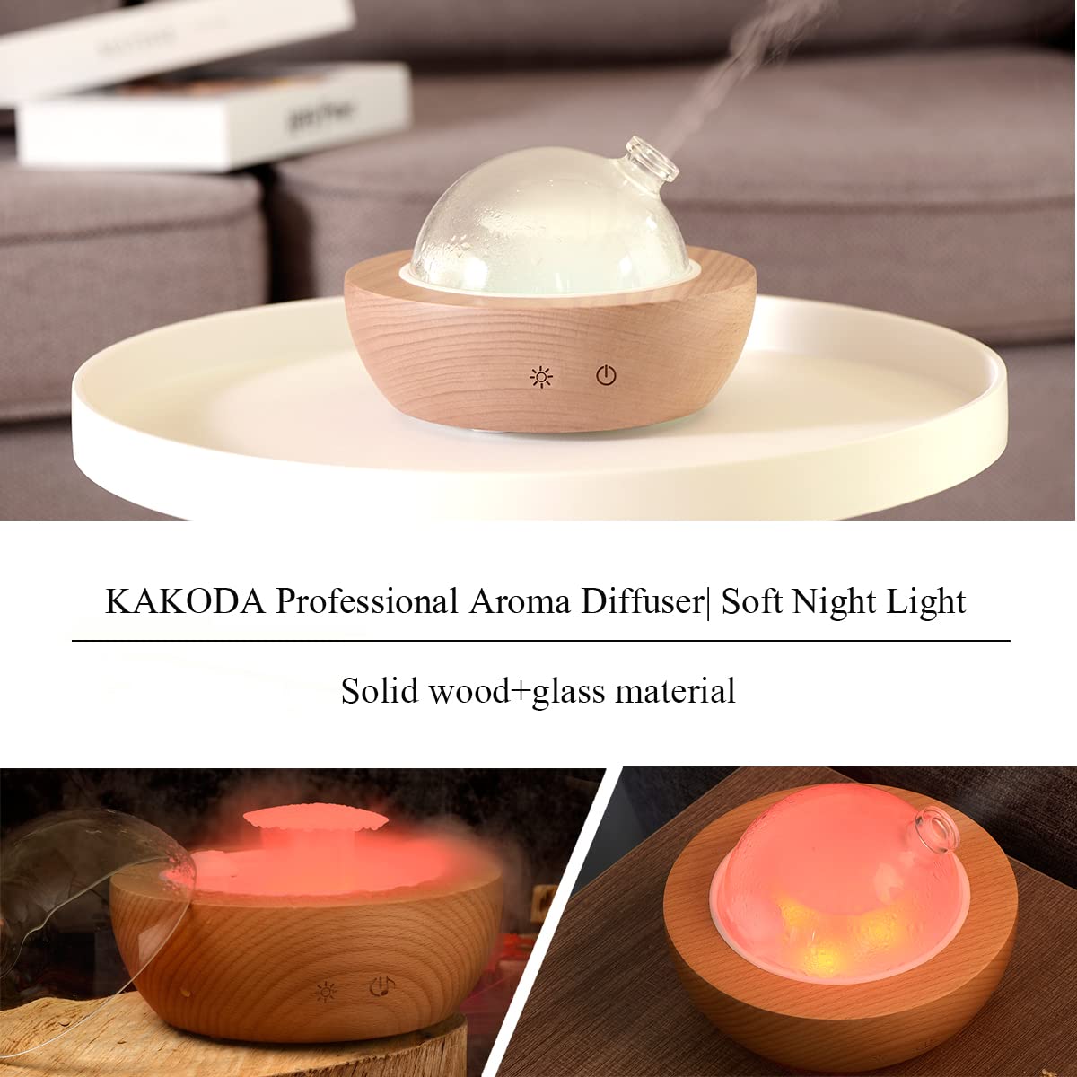 Kakoda wood-base diffuser on a desk as a night light