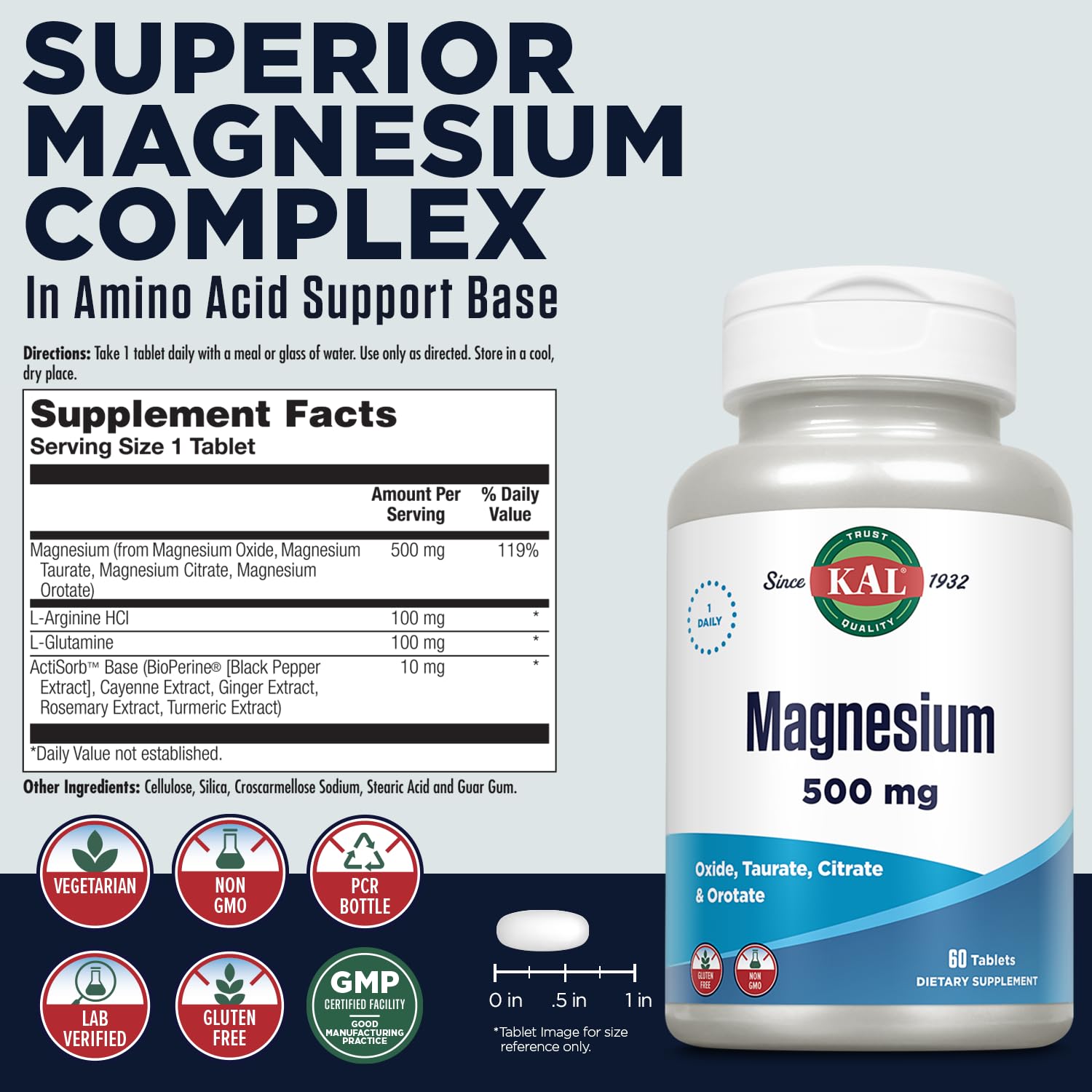 KAL magnesium tablets close-up of the label highlights the 4-in-1 complex for absorption.