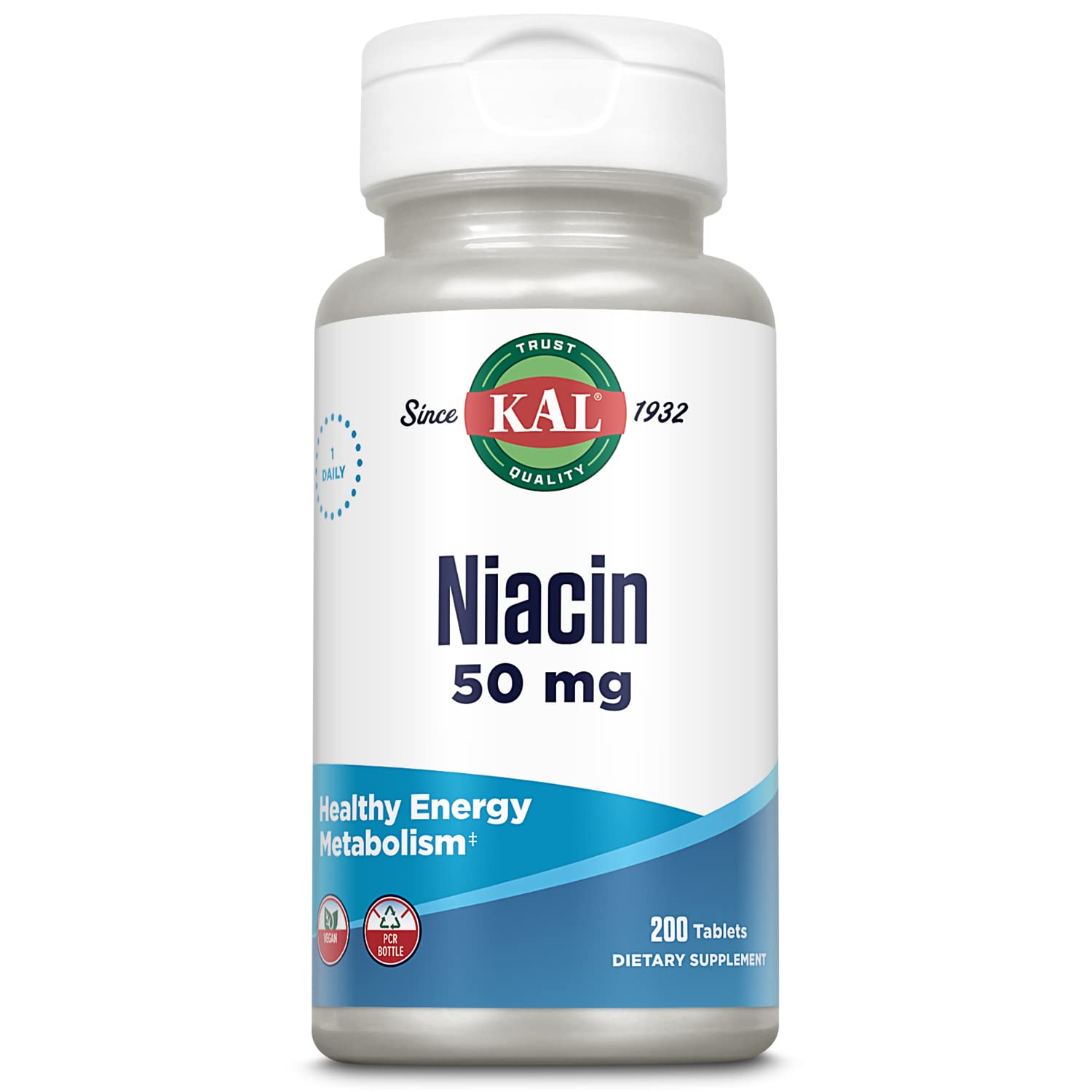 KAL 50 mg Niacin tablets bottle offers daily skin and energy support.