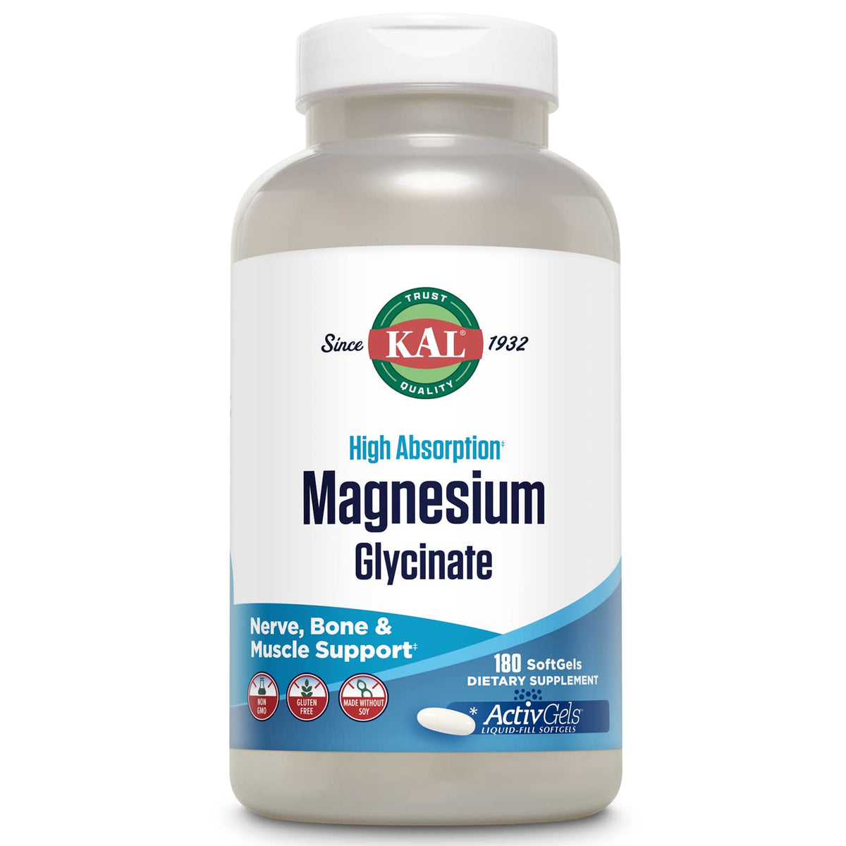 KAL ActivGels bottle front view showing 315 mg per softgel for daily support.